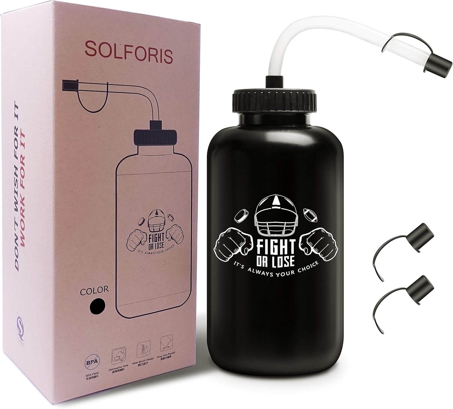 Hockey Water Bottles with Long Straw, Fit for Football Lacrosse Gym Sport, Plastic Squeezable Leakproof BPA Free, No Strange Smell, Easy to Clean, 1 Liter 32 oz (3 Straw Caps) (black)