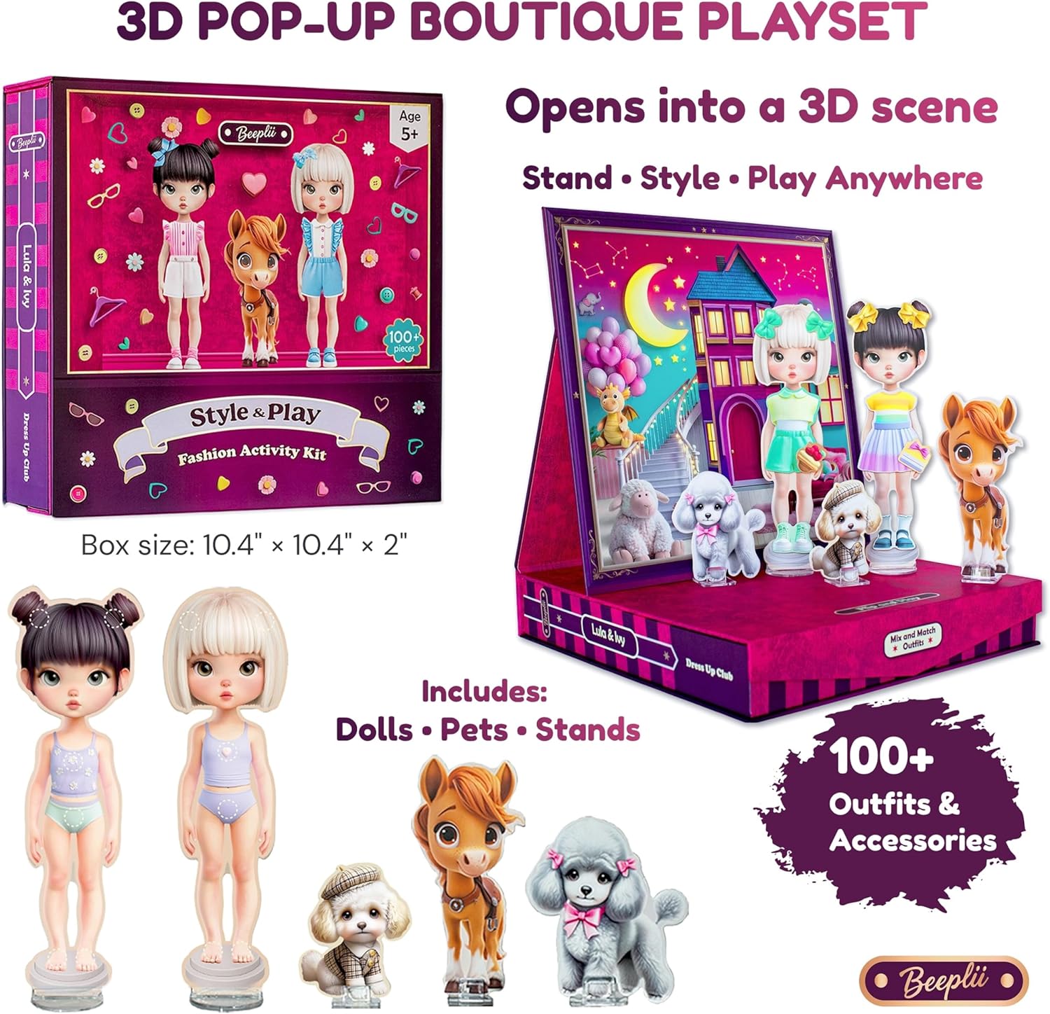Premium Style & Play Dress-Up Kit – 3D Pop-Up Fashion Boutique Playset, 2 Dolls + 3 Pets, 100+ Mix & Match Outfits & Accessories, Built-in Storage, Screen-Free Creative Toy Gift for Girls 5-9