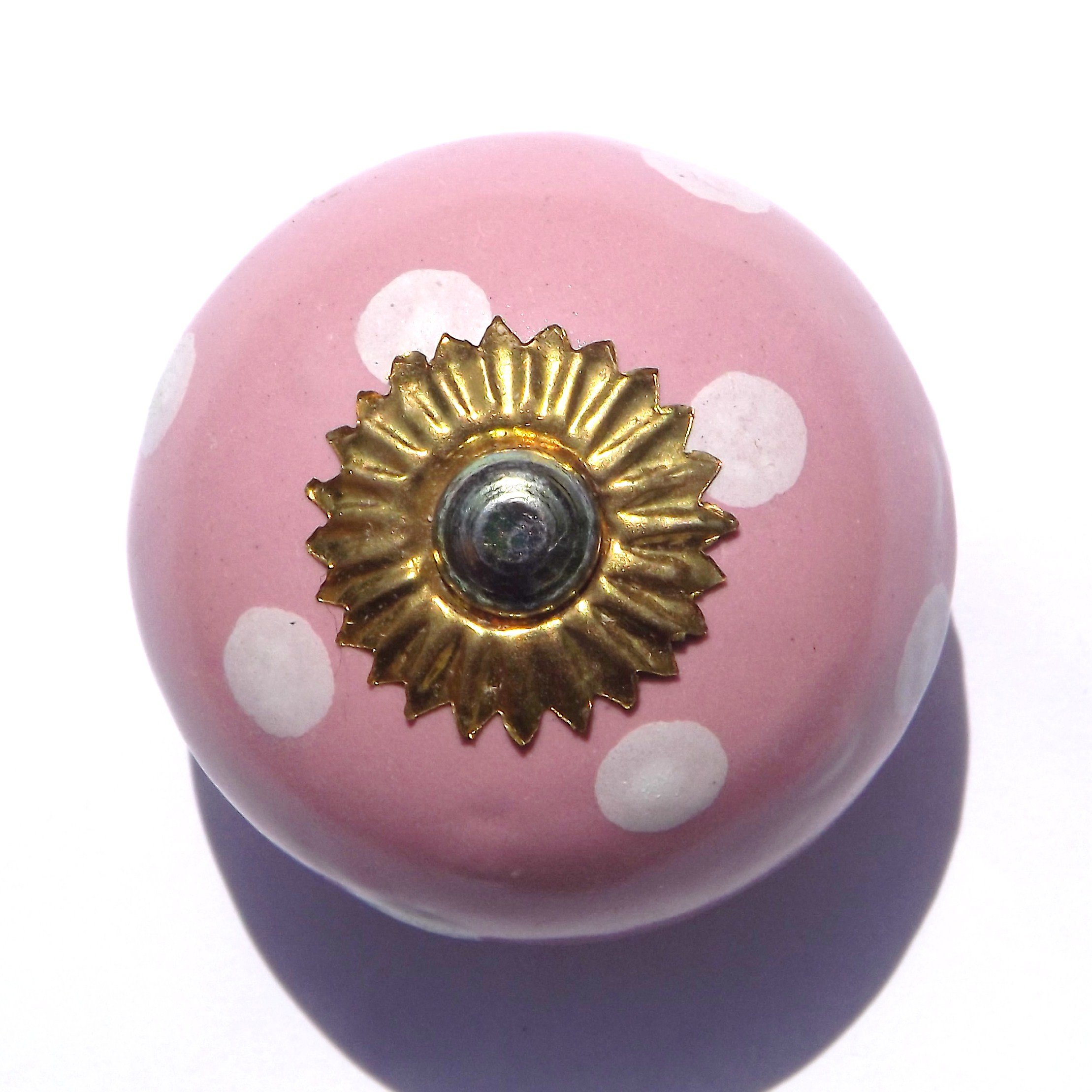 Pink Round with White Spots (Brass Fittings) Ceramic Cupboard Door knobs Drawer pulls Shabby Chic Handle Porcelain