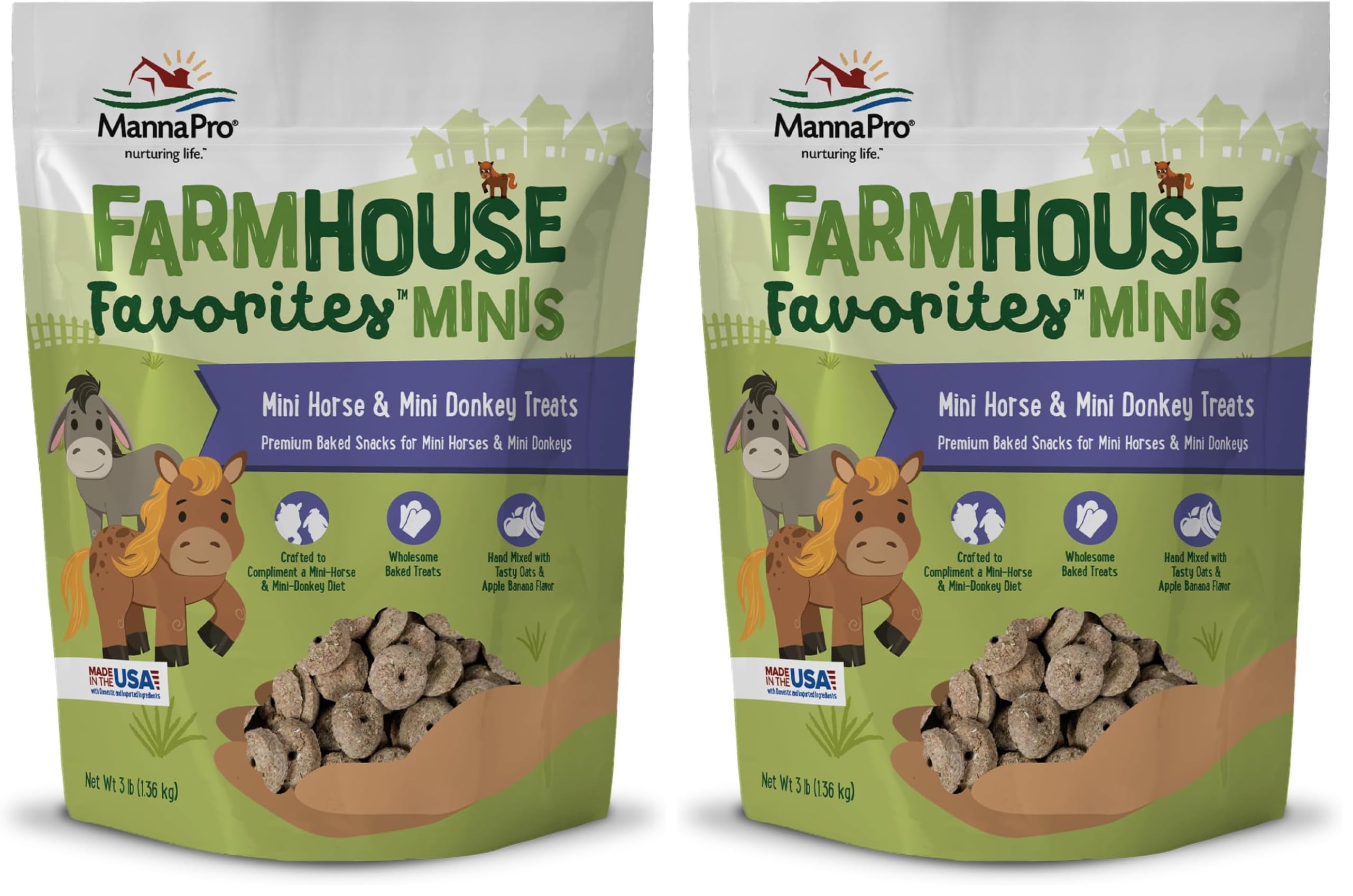 Manna Pro Farmhouse Favorites Mini Horse &amp; Mini Donkey Treats –Baked Snack for Mini Horses &amp; Mini Donkeys – Hand Mixed Treat – Oats, Apple &amp; Banana Flavored – 3lb Bag (Pack of 2)