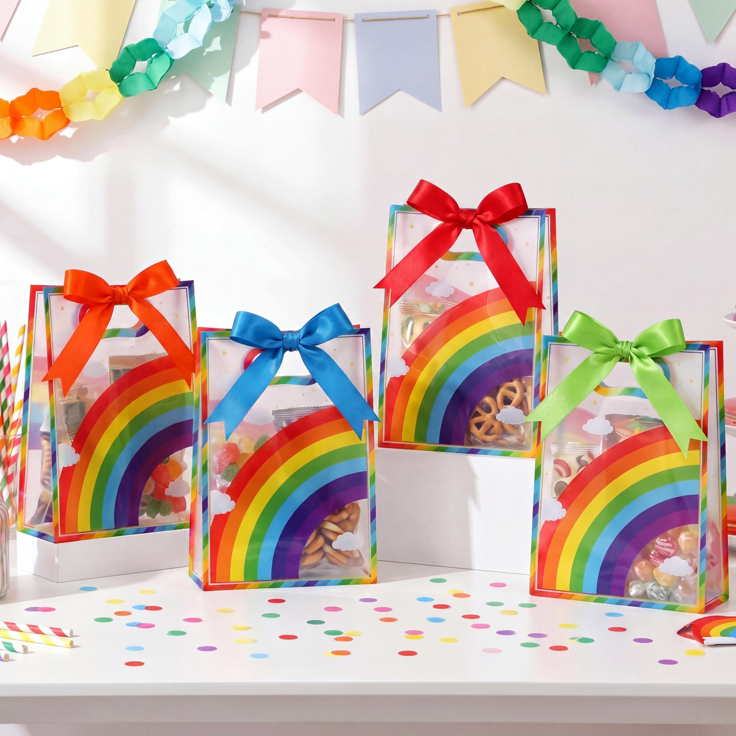 Aliceset 12 Pcs Rainbow Party Clear Goodie Bags with Handles Rainbow Theme Favor Bags with Ribbon Colorful Wrapping for Birthday Gay Pride Baby Shower Candy Snack Treat Wrapping Supplies, 10x7x3.15''