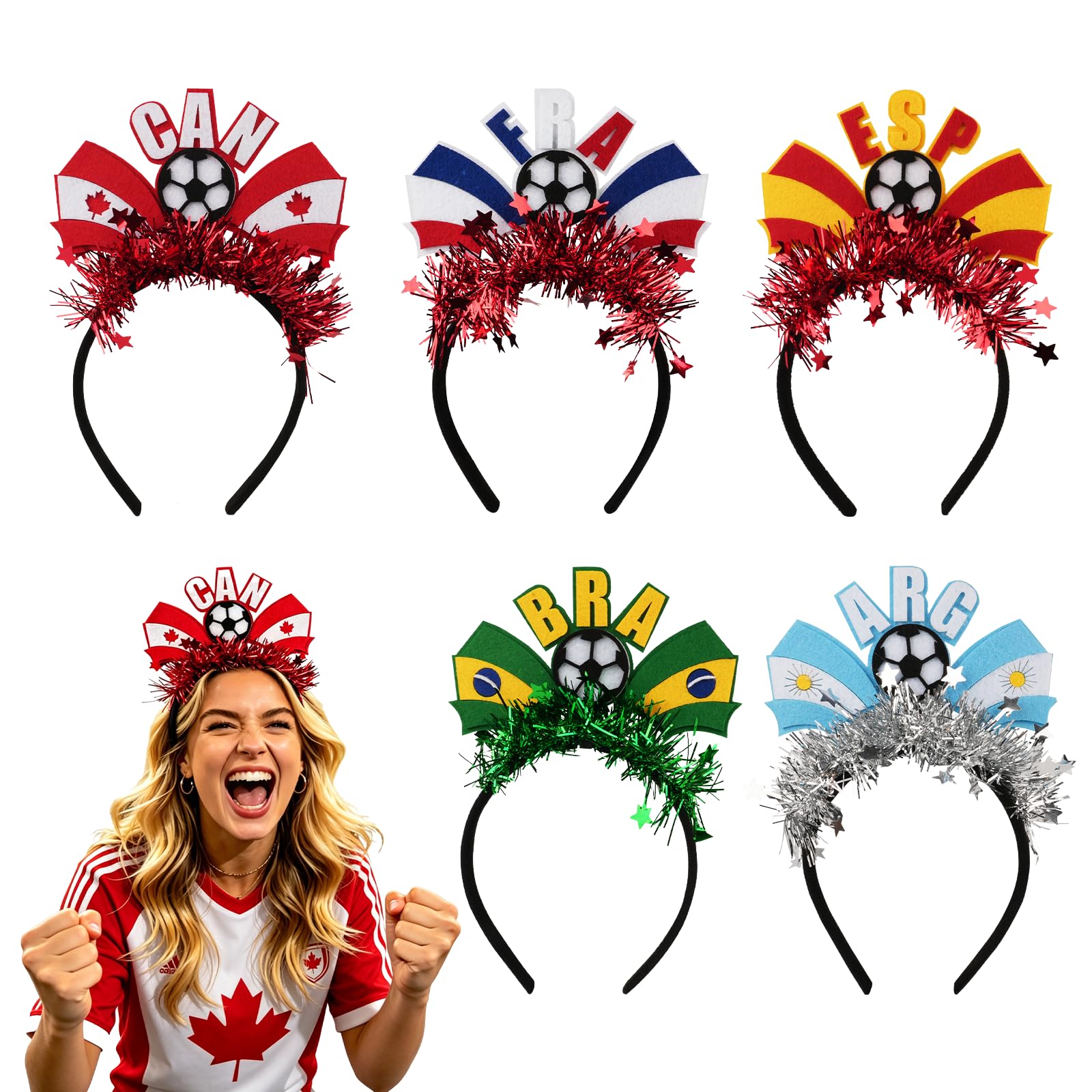 2026 World Soccer Match Party Hair Accessories Set, 5 Pack Glitter Flag Headbands (Canada/Argentina/Brazil/France/Spain), Soccer Football Fan Gear Hairband for Game Day, Soccer hair accessory - 1