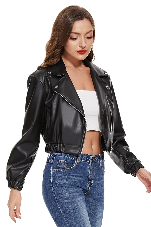 Fahsyee Faux Leather Jacket Women - Black Motorcycle Short Coat Moto Biker Blazer Plus Size Casual Pleather Jackets Fashion M by Fahsyee - Image 3