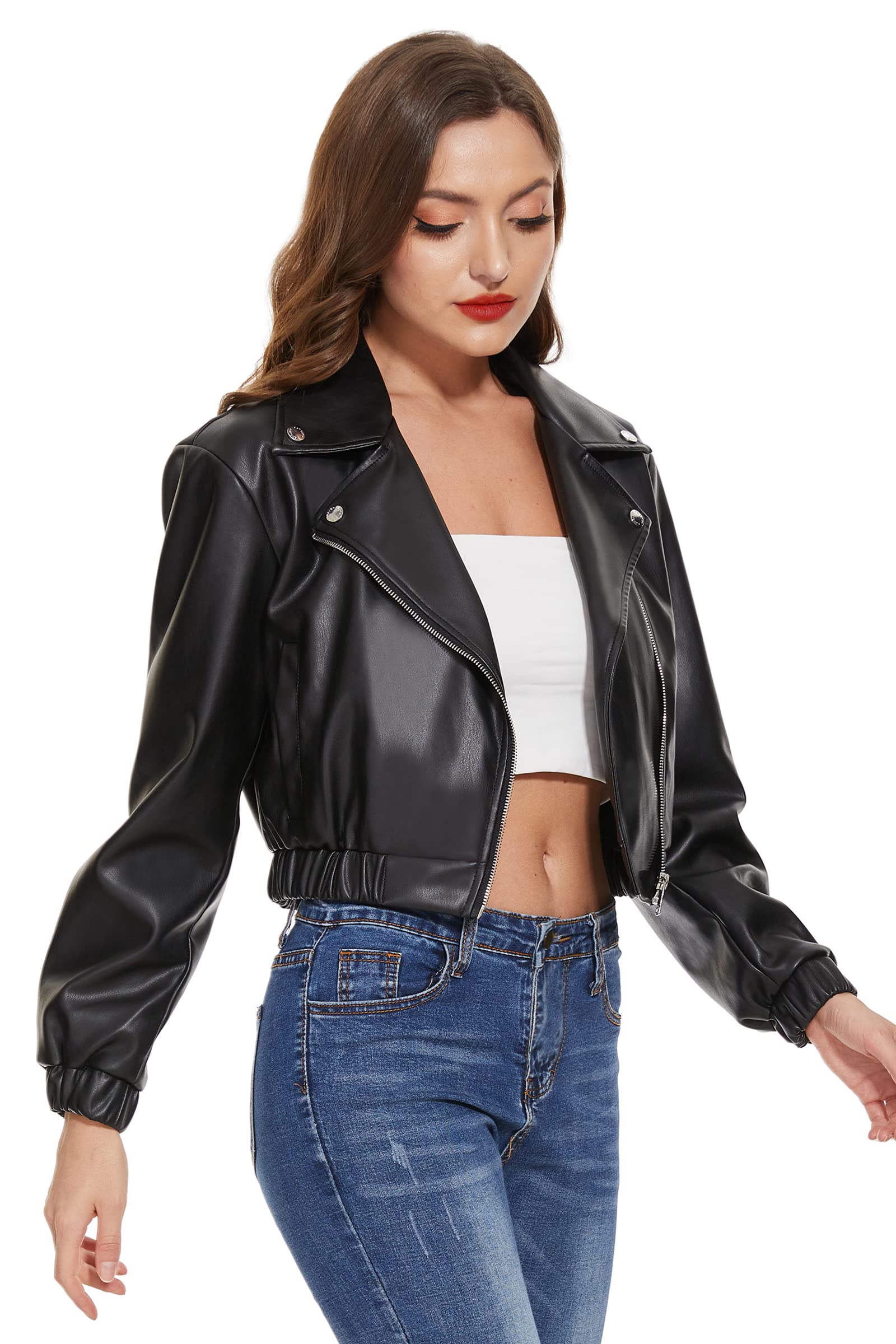 Fahsyee Lederjacke Damen Biker Kurz Slim Motorradjacke Schwarz S-XXL | Kunstleder PU, kurz geschnitten, Reißverschluss vorne, leicht, vegan, vielseitig kombinierbar