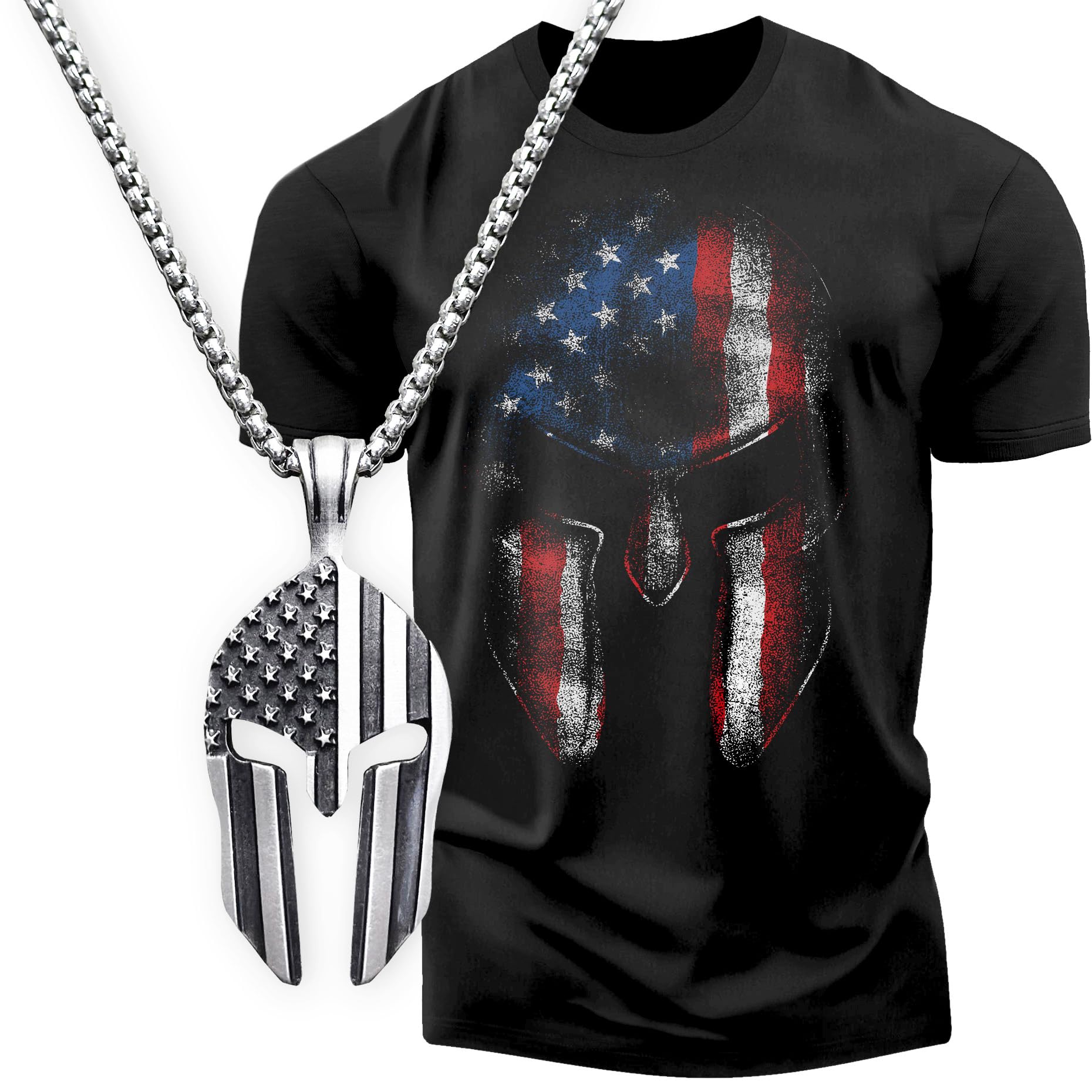 Gift Set for Men American Patriot Workout Gym Shirt with Spartan Warrior Pendant