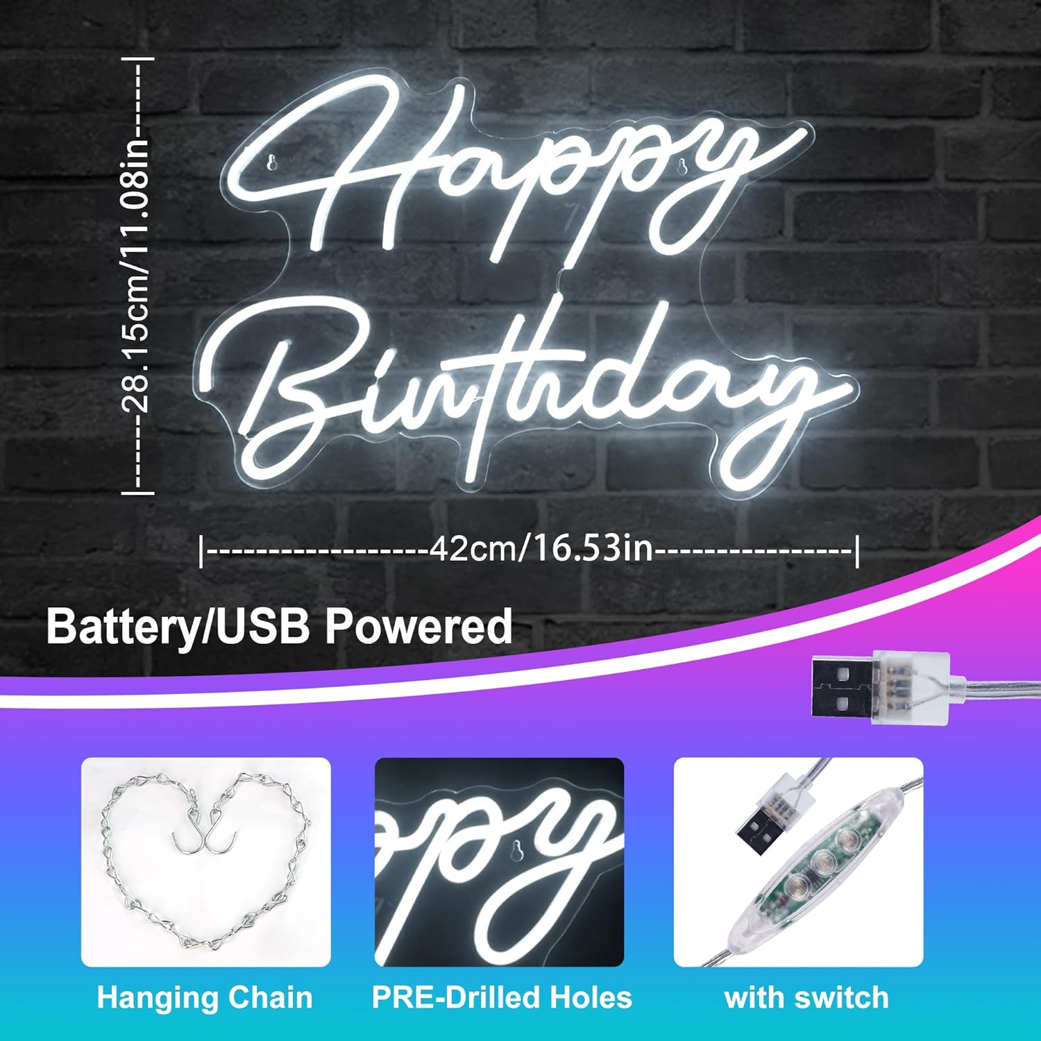 Happy Birthday Neon Sign - Large Happy Birthday Light Up Sign for Wall Decor with USB Powered, Adjustable Brightness Reusable LED Light Sign for All Birthday Party Decoration(16.5 x11inches,White) - Image 2