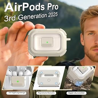 RFUNGUANGO AirPods Pro 3 Case MagSafe Cleaning Carabiner Sand Grey Hard Case with Snap Opening MagSafe Charge Carabiner & Cleaning Kit for AirPods Pro 3