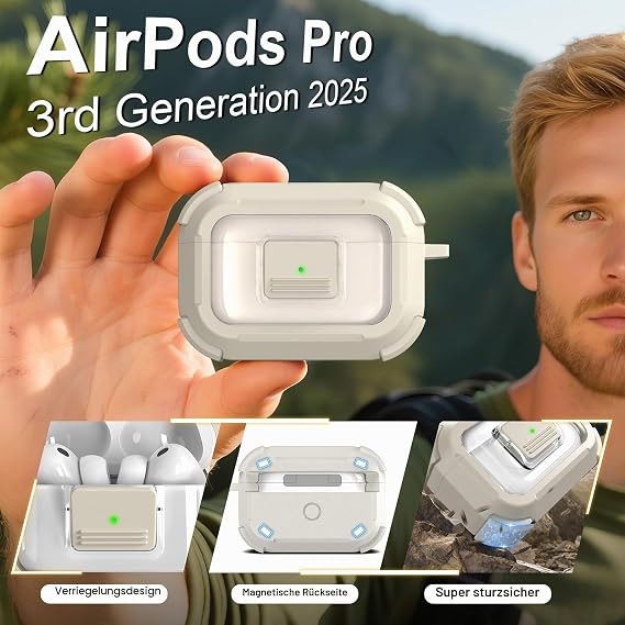 RFUNGUANGO AirPods Pro 3 Case MagSafe Cleaning Carabiner Sand Grey Hard Case with Snap Opening MagSafe Charge Carabiner & Cleaning Kit for AirPods Pro 3