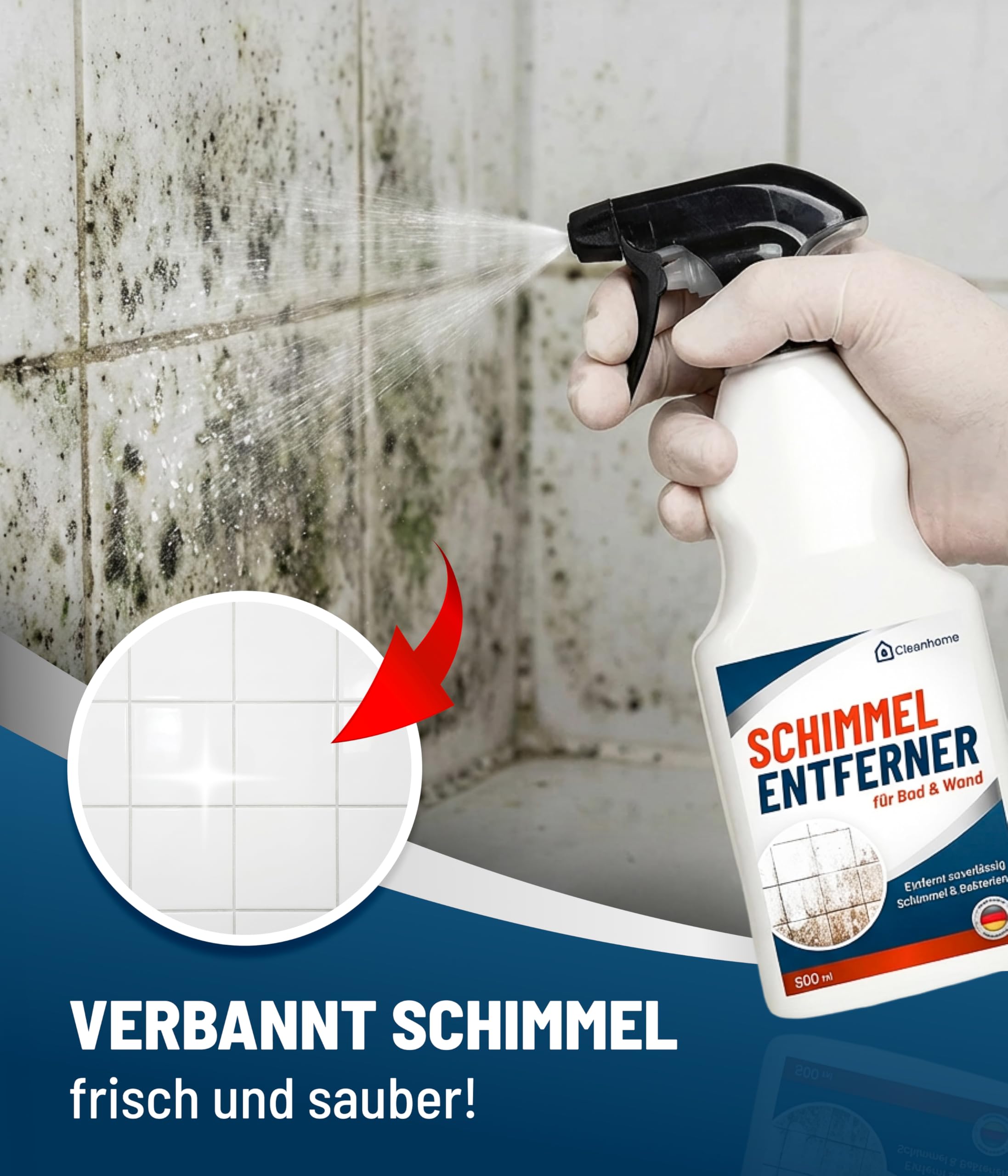 CLEANHOME® Schimmelentferner 5000 ml - Leistungsstarker Schimmelentferner für Wände und Fugen - Entfernt effektiv Schimmel, Stockflecken und Algen, ideal für Bad und Dusche - Made in Germany
