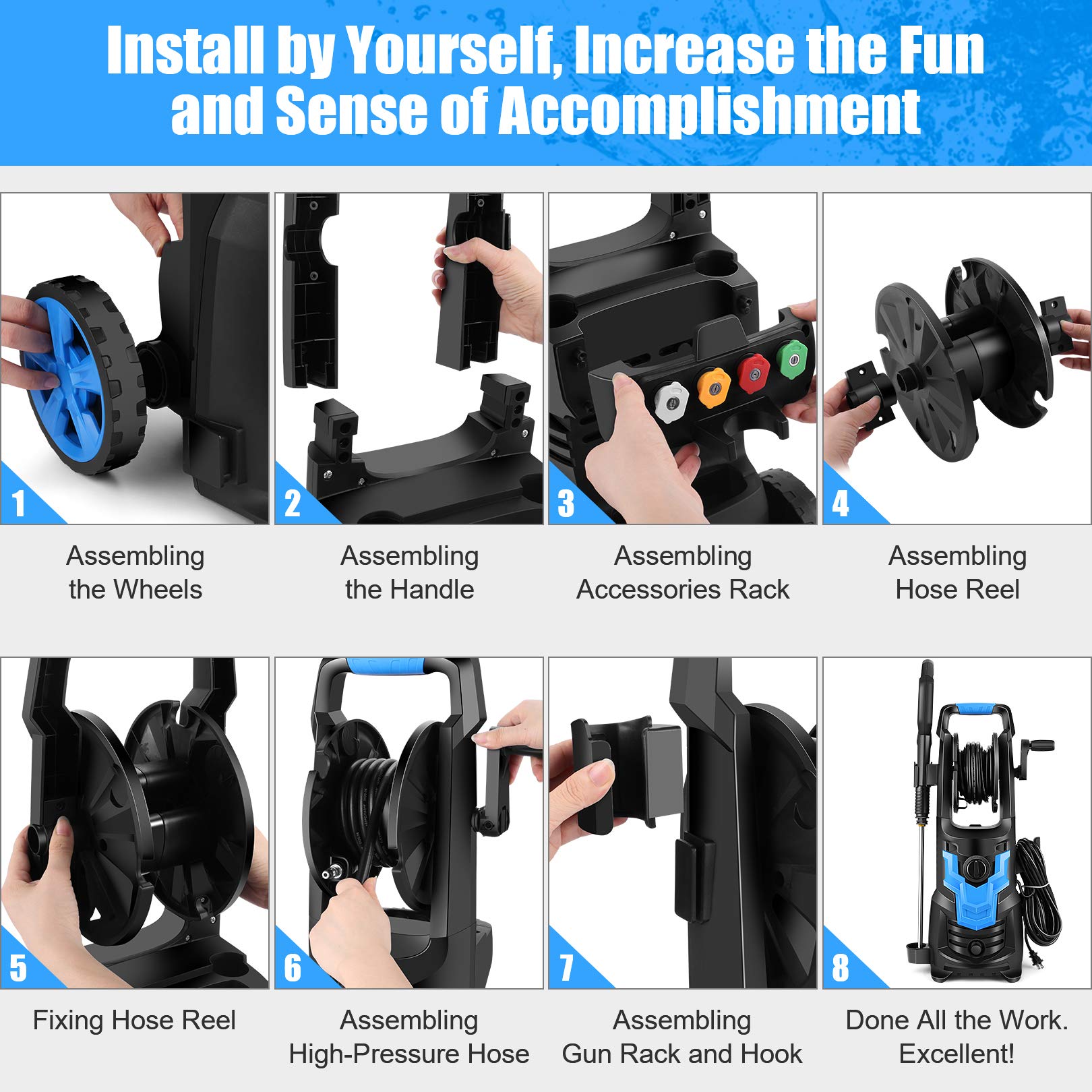 Pressure Washer 3800PSI Electric Pressure Washer 2.6GPM Power Washer 1900W High Power Washer Surface Cleaner Machine with Hose Reel & Detergent Tank & 4 Nozzles