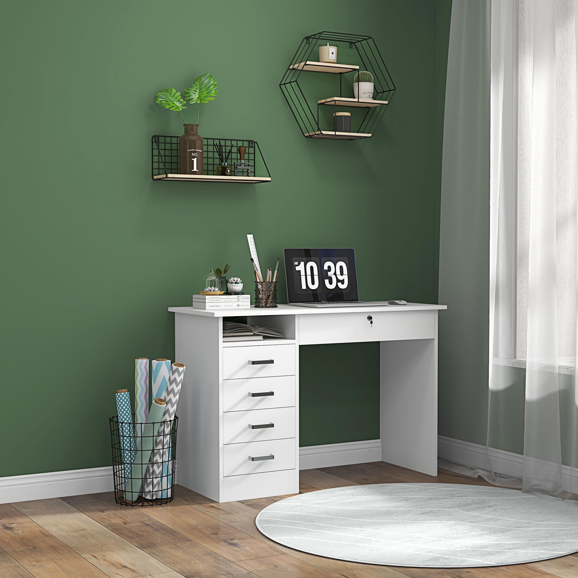 HOMCOM Scrivania Moderna con 5 Cassetti per Ufficio 110x50x76cm Bianco | Scomparto Aperto, Scrivania per Studio, Serratura con 2 Chiavi
