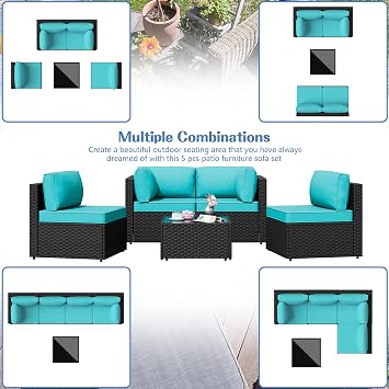 Shintenchi 5 Pieces Outdoor Patio Sectional Sofa Couch, Black PE Wicker Furniture Sets, Patio Conversation Sets with Washable Cushions Glass Coffee Table for Garden, Poolside, Backyard,Blue