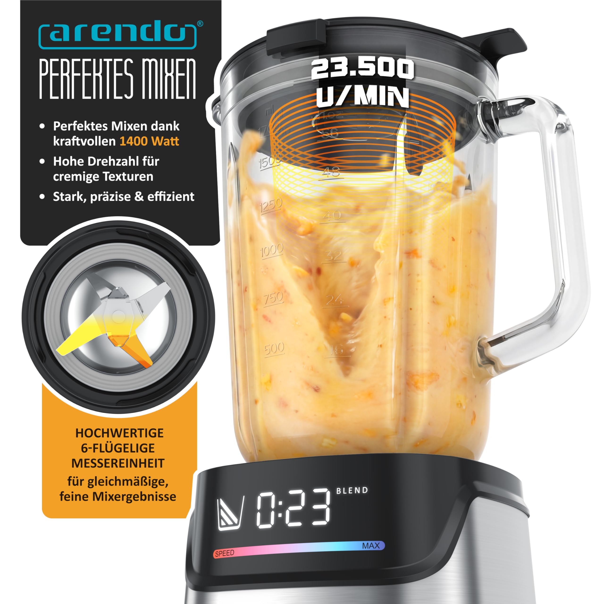 Arendo – Standmixer Glas 1400 W – Hochleistungsmixer - 1,7 L Fassungsvermögen – Mixbehälter aus Glas - Glasbehälter – hochwertige Edelstahl-Messereinheit – 3 voreingestellte Programme