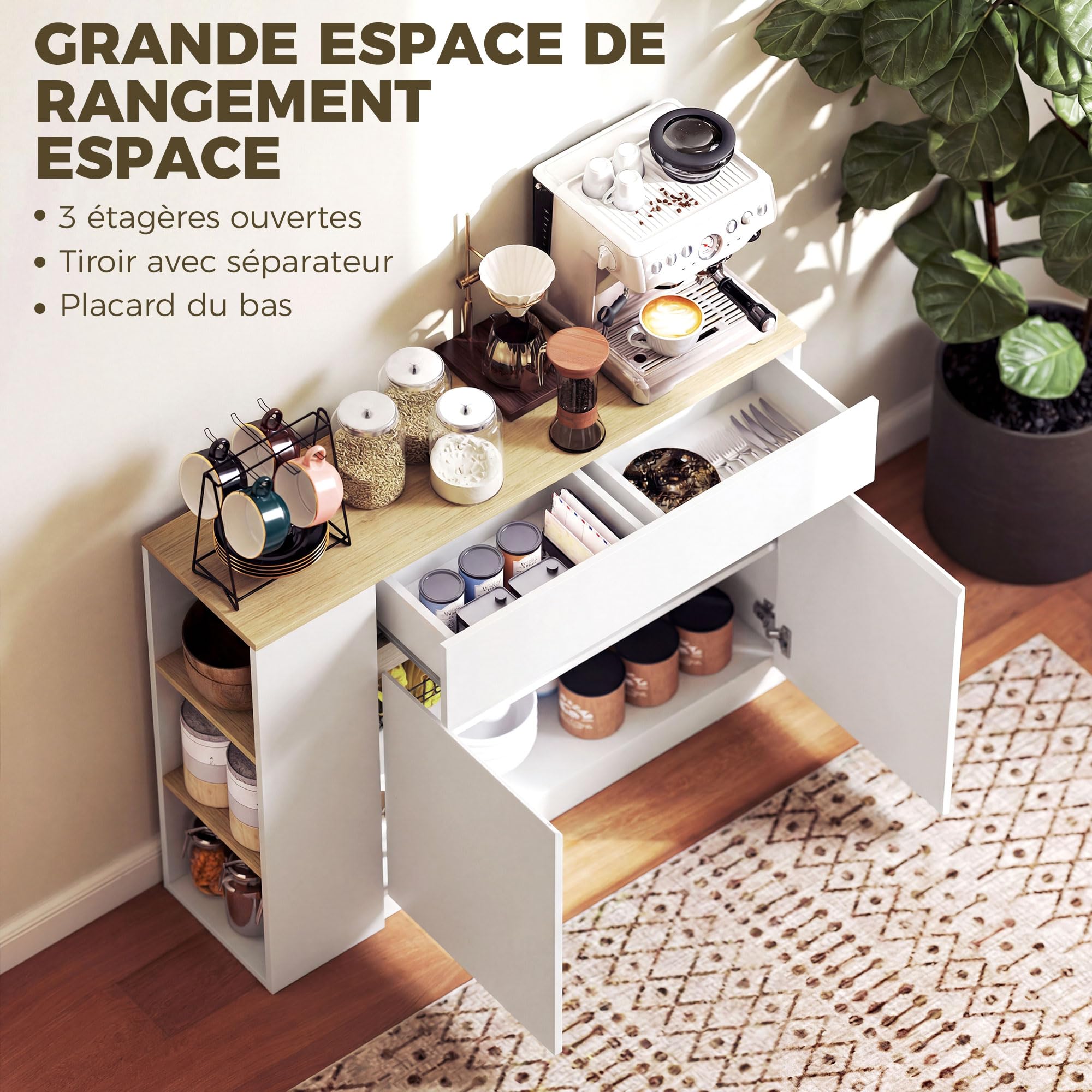 HOMCOM Buffet, Meuble de Rangement, avec Placard 2 Portes, étagère réglable, 2 tiroirs, 3 étagères Ouvertes, 110 x 29,5 x 82 cm, pour Salle à Manger, Salon, Cuisine, Blanc