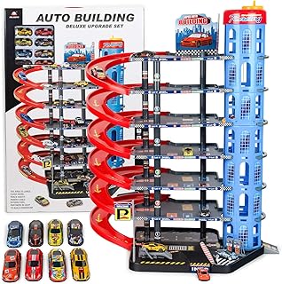 CELMAN Garage de Jeu Multiniveau pour Enfants - Parking de Jouets avec Ascenseur Manuel, Inclut 8 Voitures en Métal, Hélicoptère et Accessoires, Jouet pour Enfants de 3 4 5 6 7 8 Ans