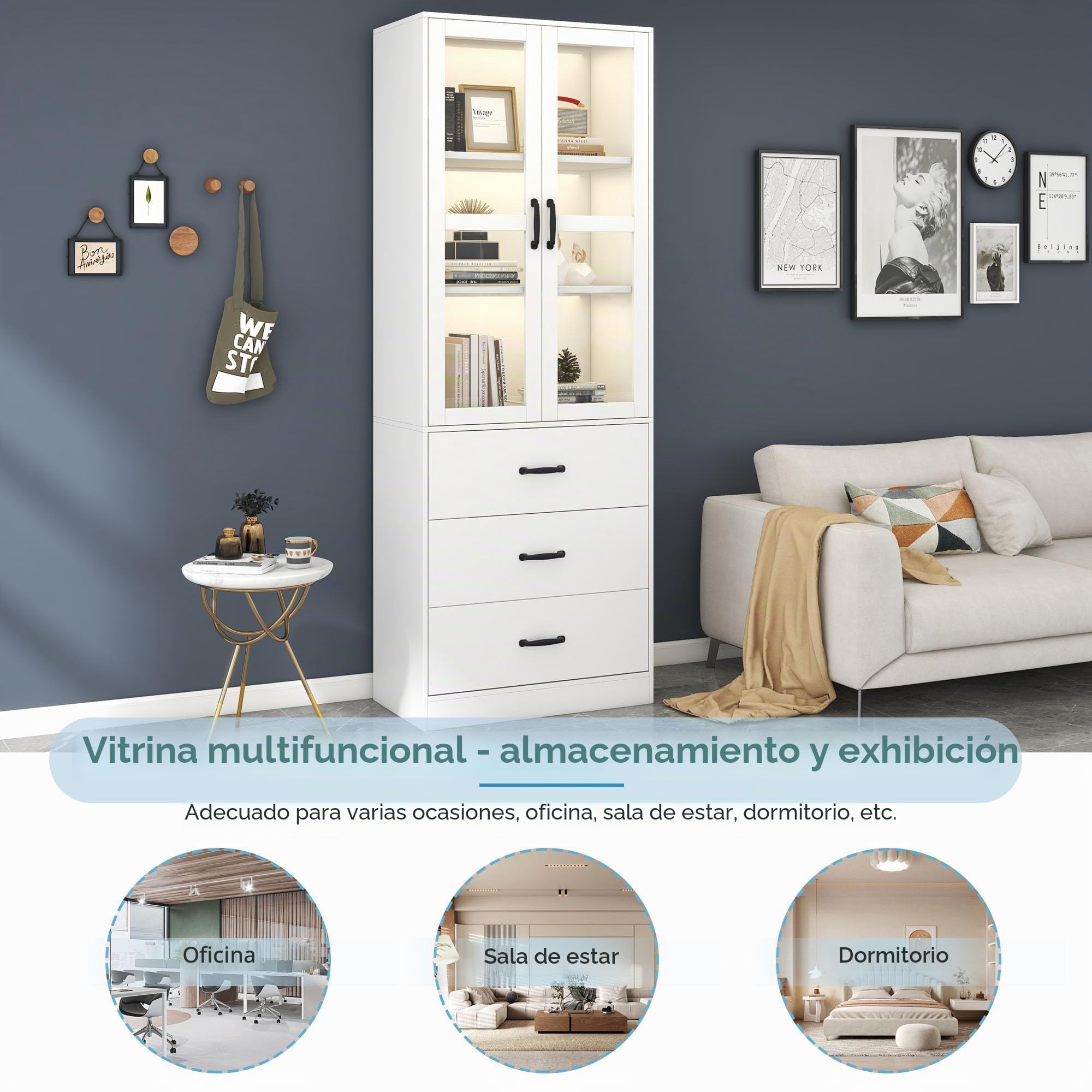 sogesfurniture Vitrina de cristal, color blanco, con 2 puertas de cristal, 3 cajones, moderno, para salón, oficina, 60 x 40 x 200 cm