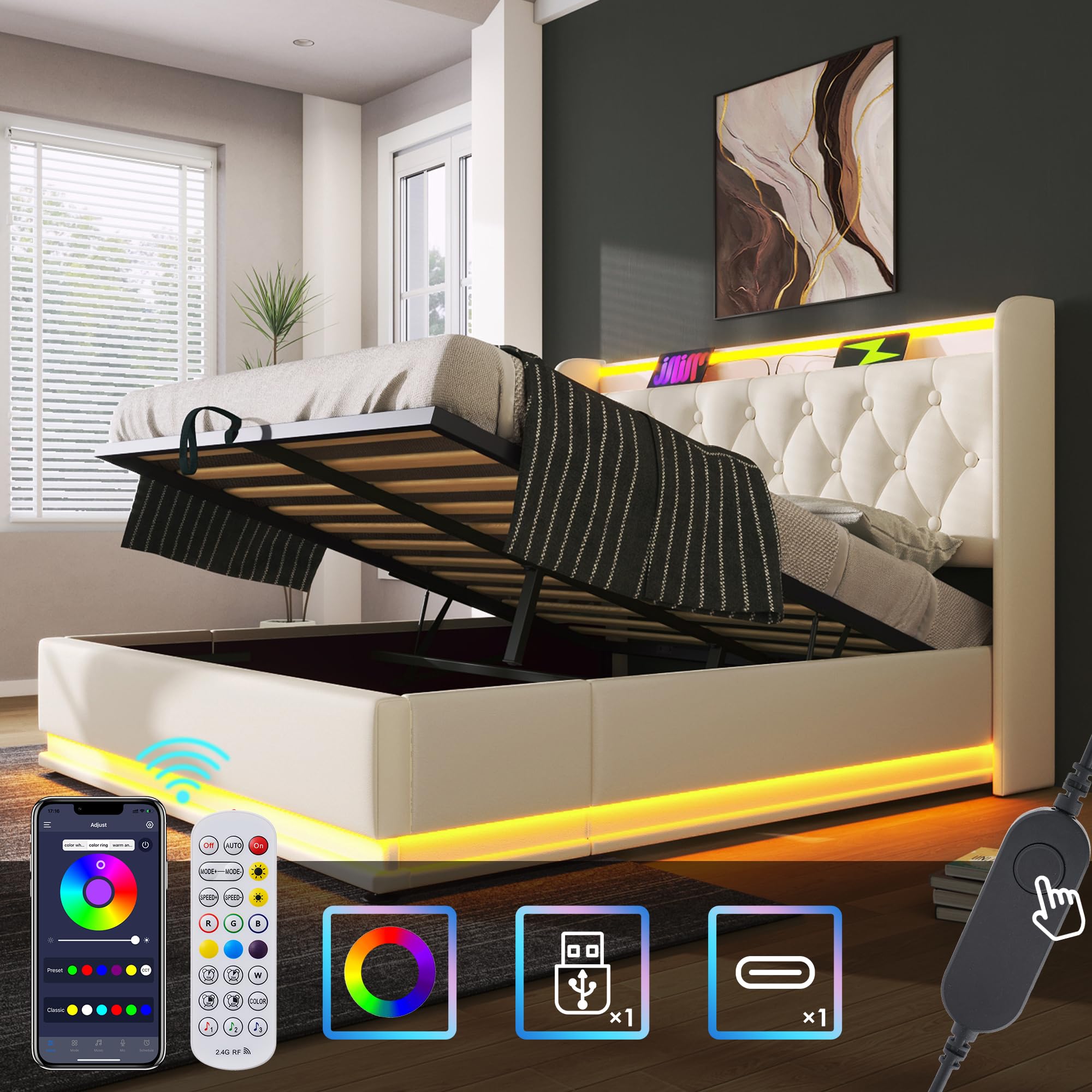LINKHOO lit rembourré double, fonction LED surround 360, bouton-poussoir/application/télécommande,140*200 cm, matériau PU blanc Lit de camp hydraulique,avec fonction de charge USB Type-C(sans matelas)