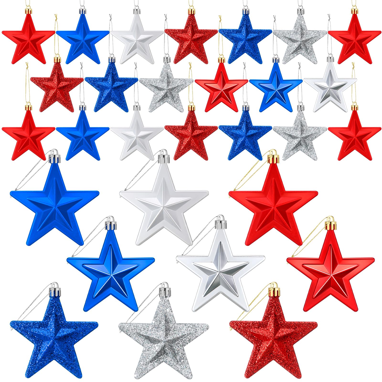 60 Pcs 4th of July Patriotic Star Ornament 1.96 Inch Independence Memorial Day Tree Decoration Red Blue Silver Star Hanging Tree Ornament 4th of July