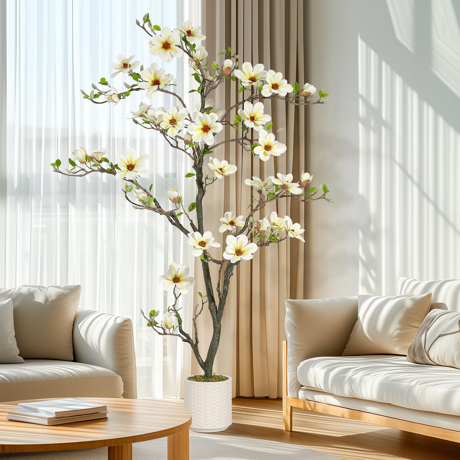 Garvee Künstliche Magnolia Pflanzen,180 cm Kunstpflanzen mit Weiß Topf Für Indoor, Patio Home Office Blumen Dekor, Groß Künstliche Baum Kunstbaum (Weiß Magnolia 6 ft/180cm)