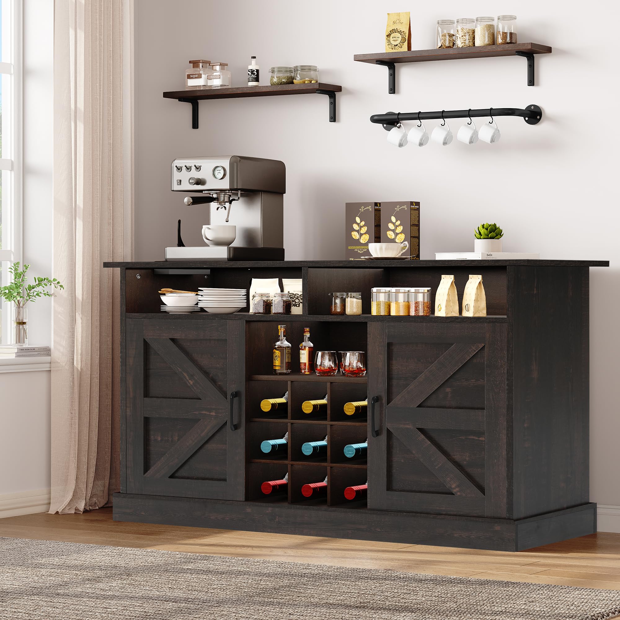 YITAHOME 52" Farmhouse Sideboard Buffet Cabinet with Barn Doors, Coffee Bar Cabinet with Floating Shelves & Power Outlet, Bar Cabinet with Storage for Kitchen, Living Room (Rustic Brown)