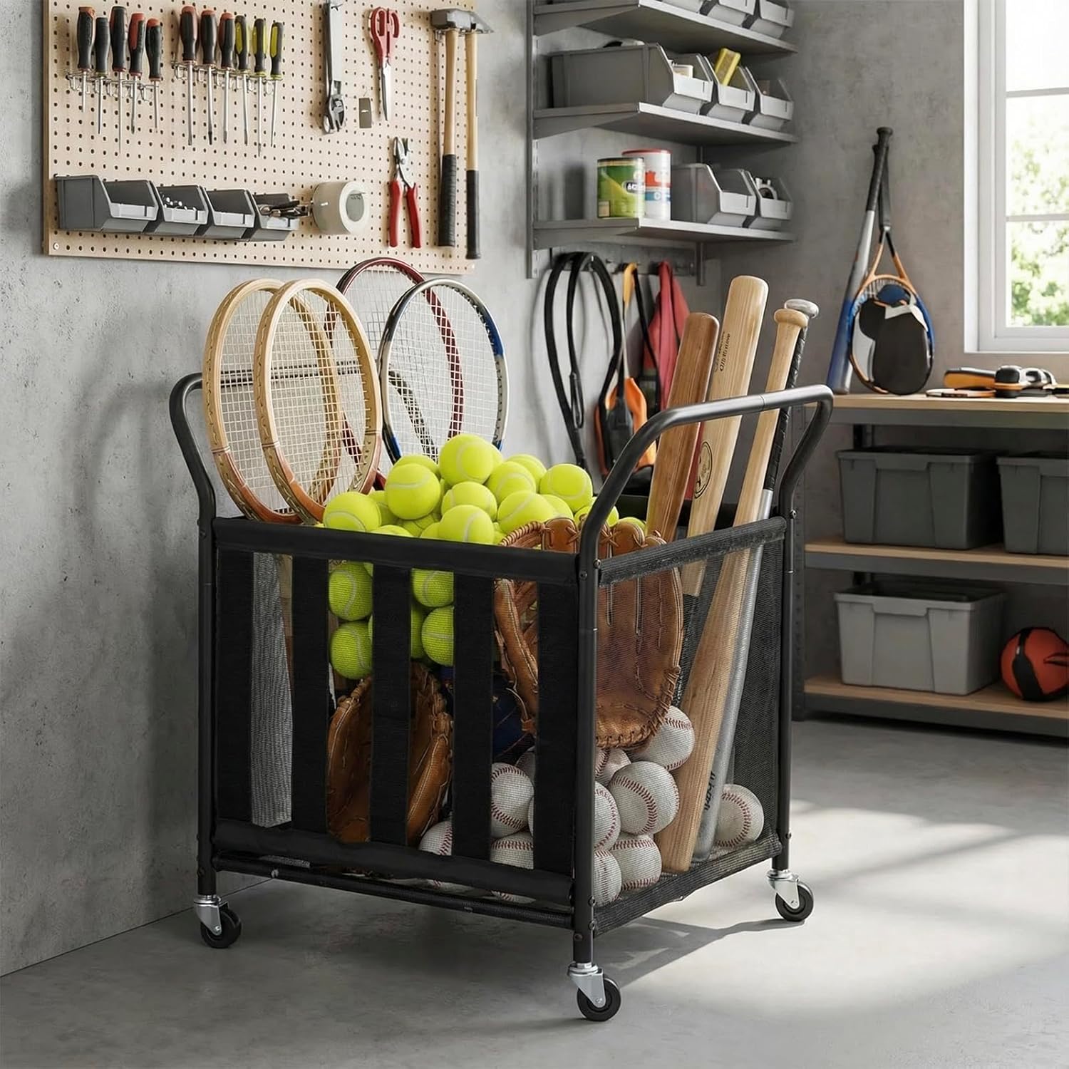 MyGift Mesh Fabric Multi Sports Ball Storage Rolling Cart with Matte Black Metal Frame, and Angled Handles, Garage, Gym or Playground Basketball, Soccer Ball Cage Equipment Basket with Caster Wheels