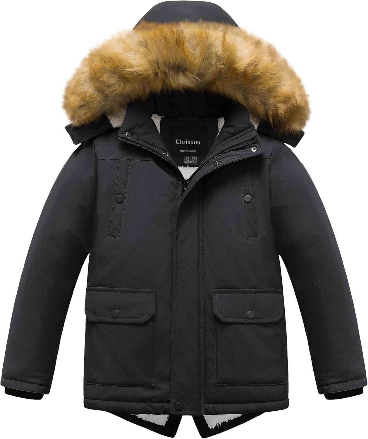 Chrisuno Boy's Waterproof Winter Sherpa Parka Coat Med-Length Outerwear Jackets With Detachable Furry Hood