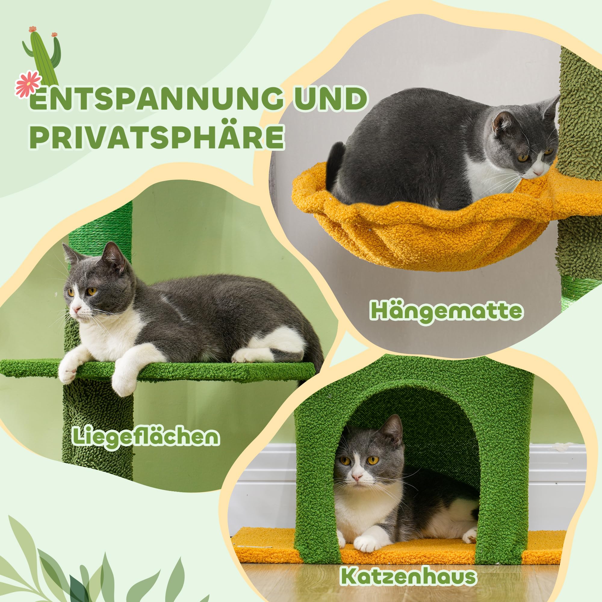 PawHut Kratzbaum Deckenhoch Katzenbaum 230-275 cm mit Katzenhöhle Grün | Katzenkratzbaum, Kratzstämmen, Spielball, Katzenmöbel mit Kippschutz