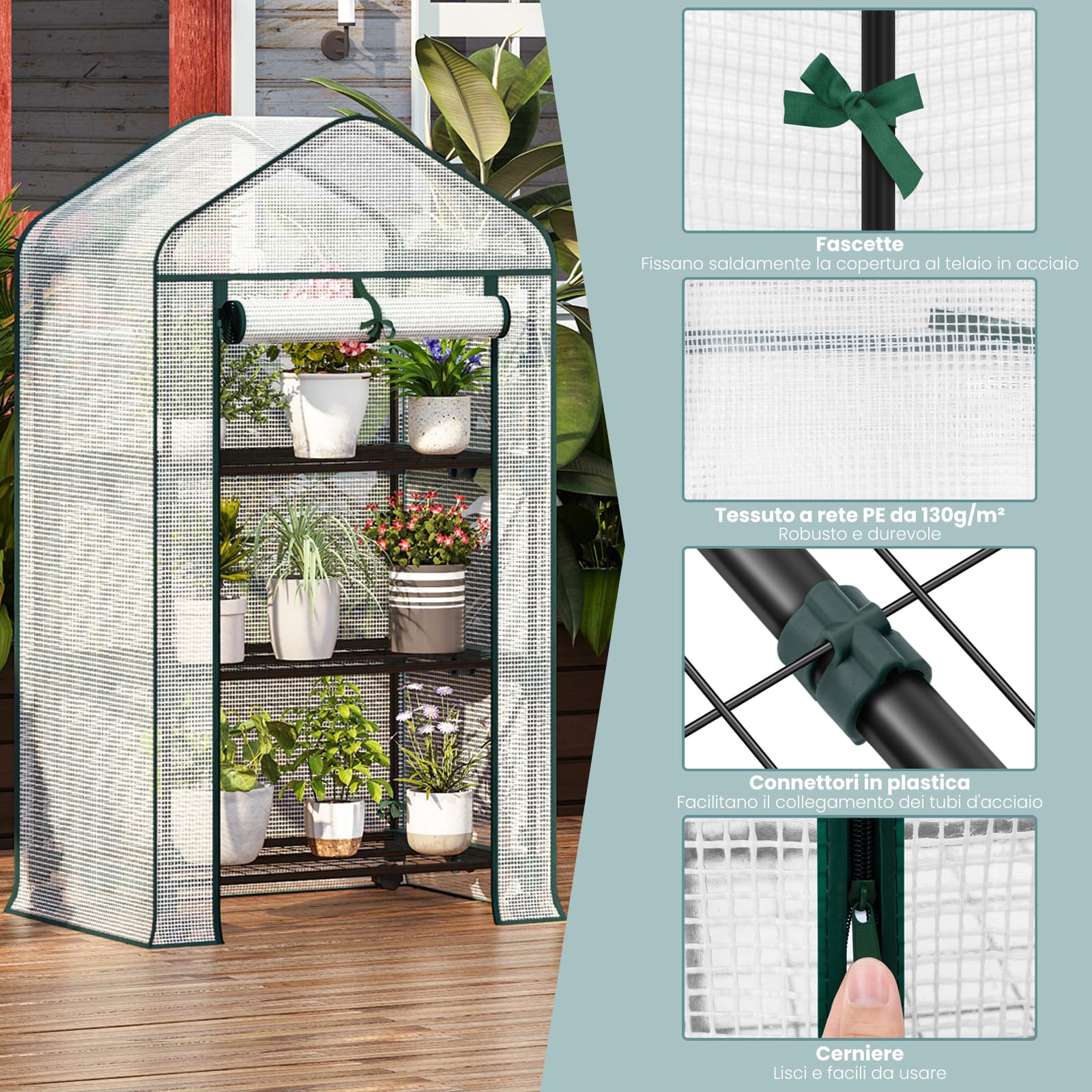 WOLTU Serra da Giardino, con Ruote, Serra da Balcone, 70x50x131 cm, Copertura in PE 140 g/m², Porta a Zip Avvolgibile, per Svernamento con 3/4 Ripiani, per Interni ed Esterni, Bianco