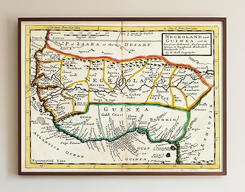 1736 Mapa de Negroland y Guinea, con los asentamientos europeos, explicando lo que pertenece a Inglaterra, Holanda, Dinamarca. Historia del comercio