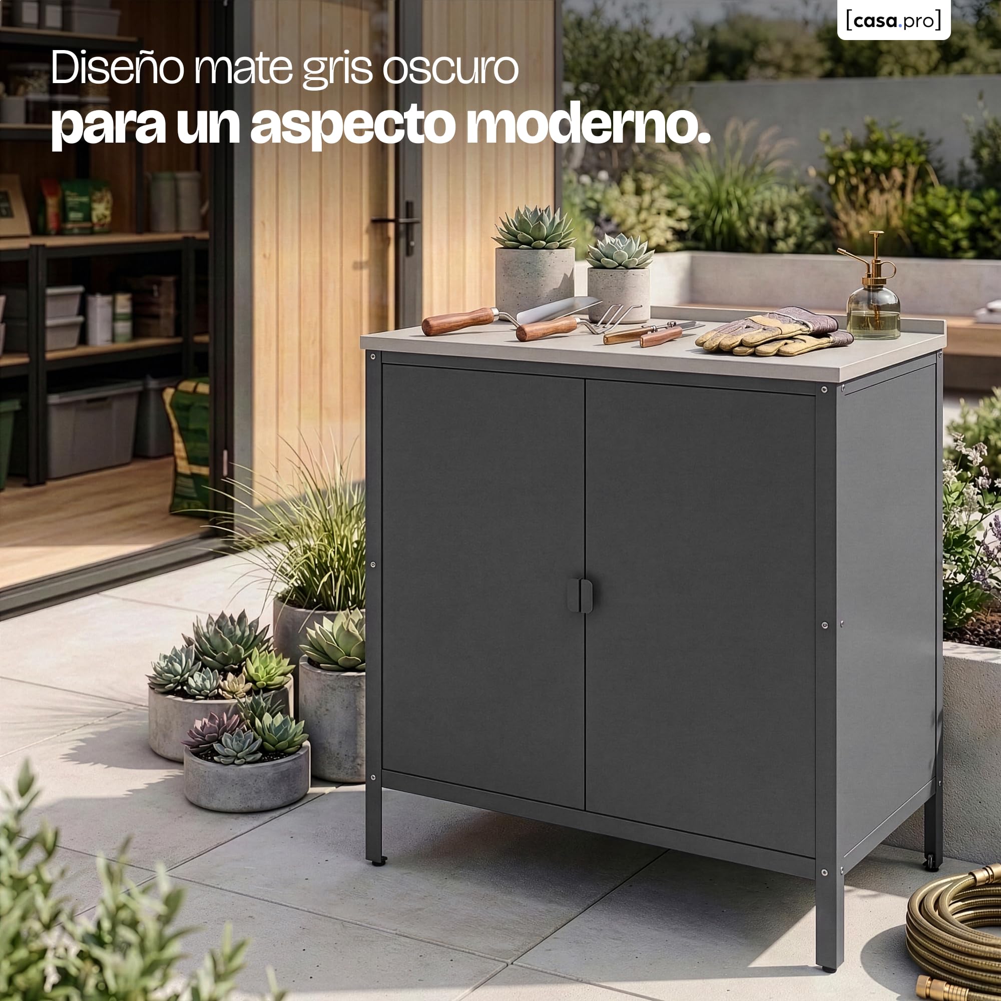 casa.pro Armario Exterior Bolognano con Patas Nivelables 1 Estante Interior para Terraza Jardín Uso Interior y Exterior Almacenaje en el Jardín 92 x 80 x 50 cm Acero - Gris Oscuro/Plateado