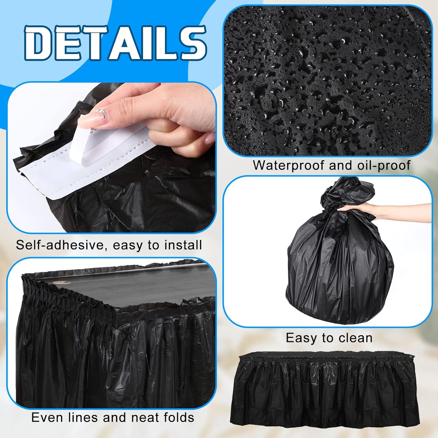 Oudain 6 Pcs Plastic Table Skirts and Stainproof Table Cloths 54 x 108 in Plastic Ruffle Tablecloth 168 x 29 Inches Disposable for Wedding Baby Shower Valentine Spring Easter Party(Black)