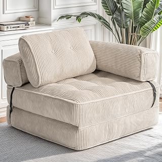 Convertible Folding Sofa Bed, L- Shaped Sleeper Chair Bed with Armrest and Pillow, Fold Out Sleeper Sofa, Comfortable Floor Couch for Small Spaces/Living Room/Bedroom, Single, Beige