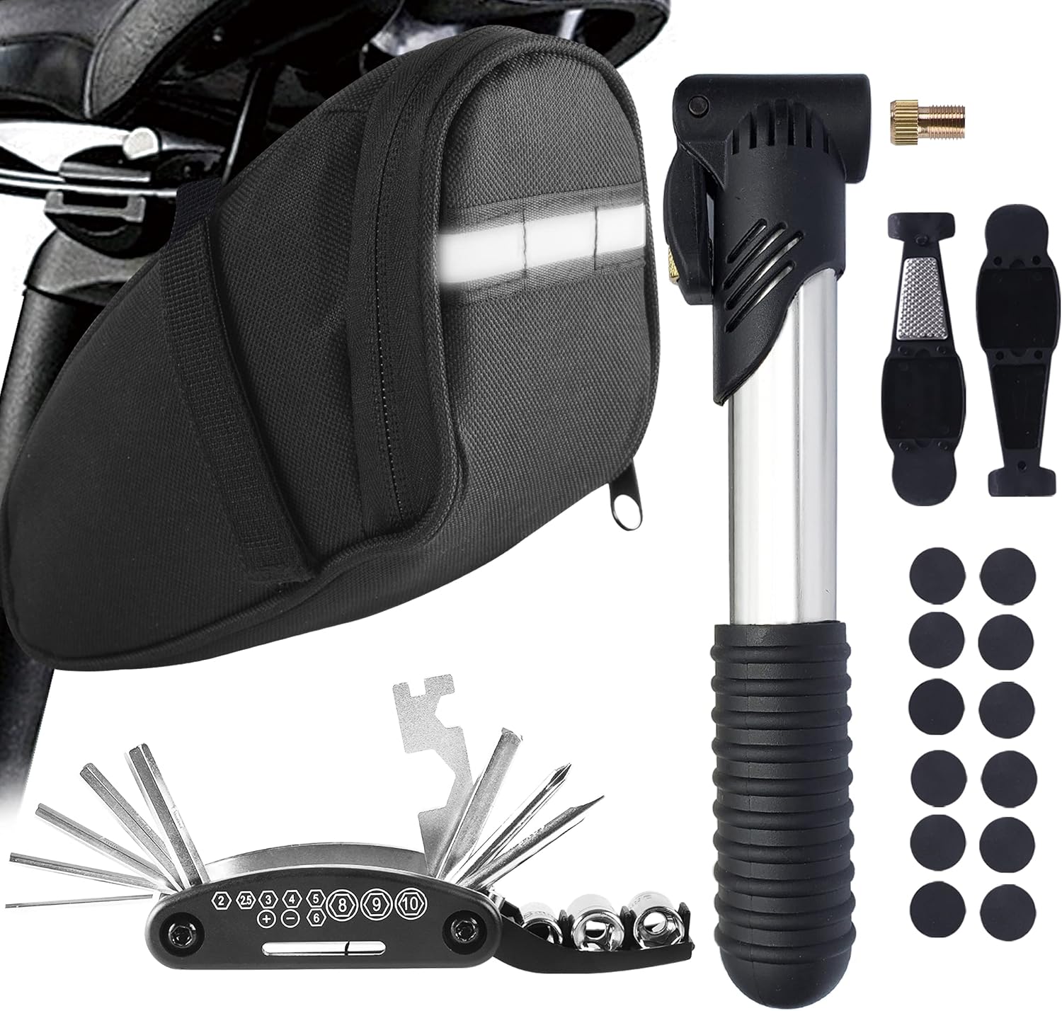 Bicycle Tool Set Bicycle Saddle Bag with Bicycle Pump Puncture Repair Kit Multi Tool Kit Accessories for Cycling Bike MTB Mountain Bike Road Bike Basic Plus 01