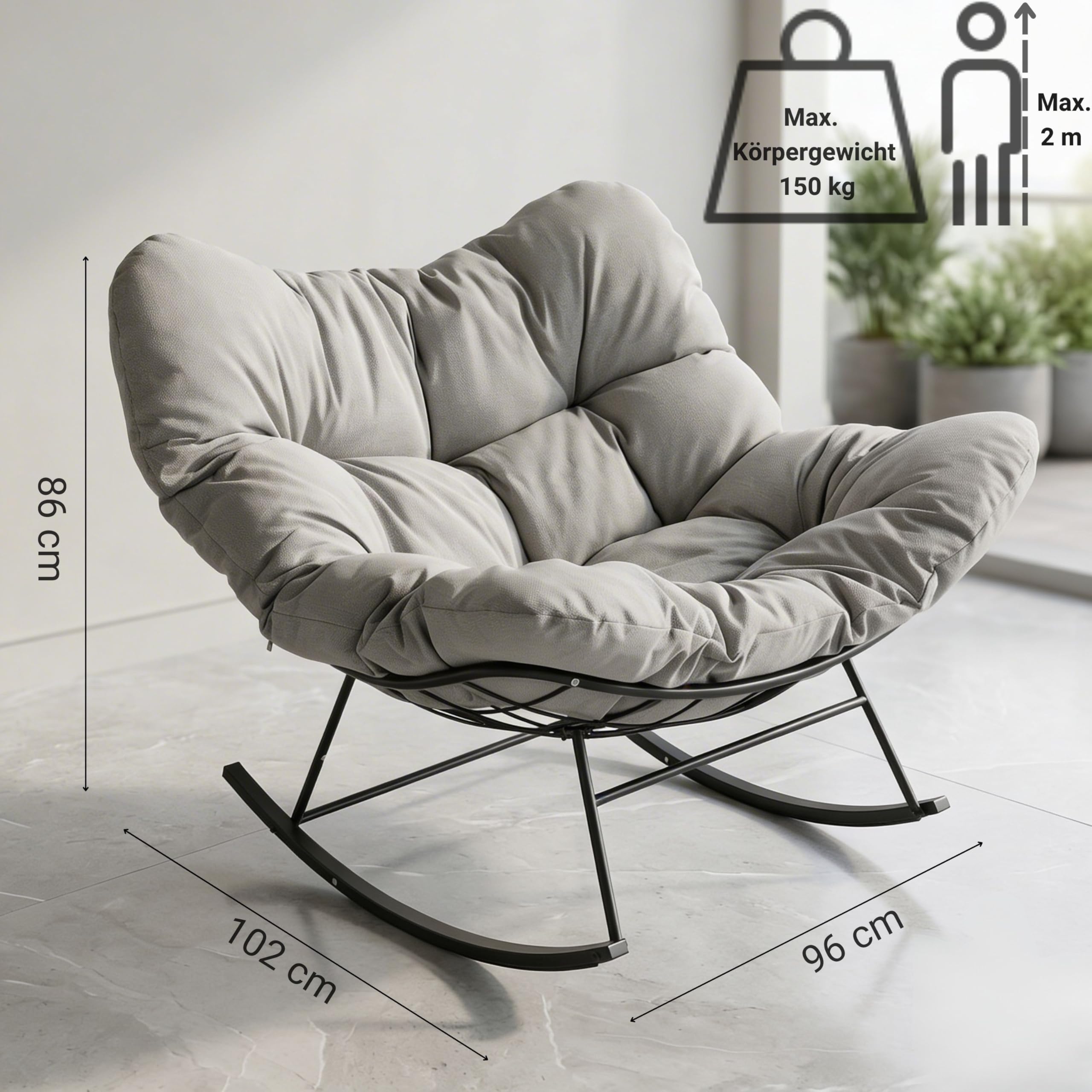novaterra® Moderner Schaukelstuhl mit großem Komfort Kissen – ergonomischer Relax Schaukelstuhl hochwertig, gepolstert & ideal für den Garten, Lesen & Entspannen