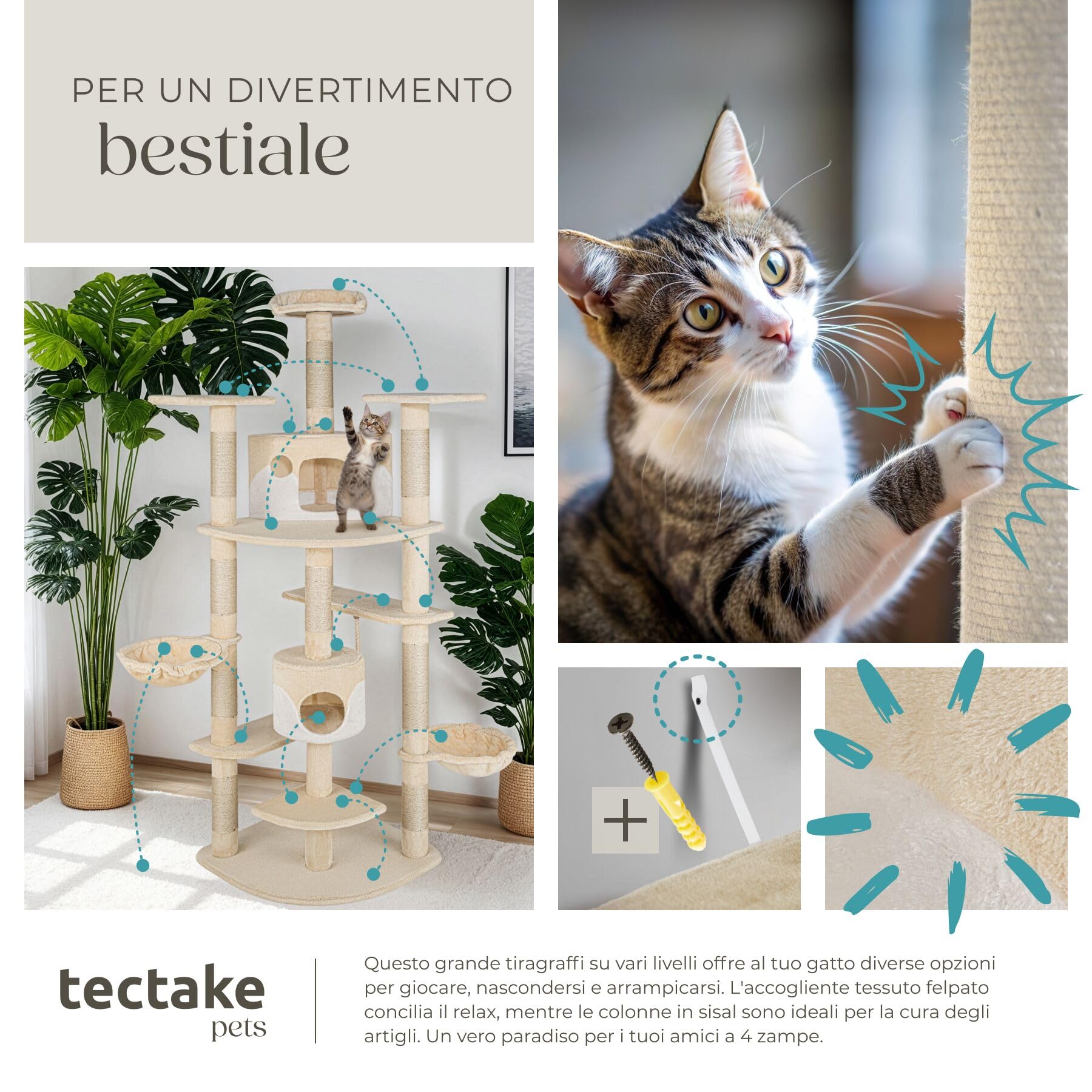 tectake® Tiragraffi per Gatti, Albero con 2 Casette, 4 Piattaforme, Tiragraffi con Amaca per Gatti, Albero con Conche Orientabili e Cordicella per Gioco - 201 cm - Beige/Bianco