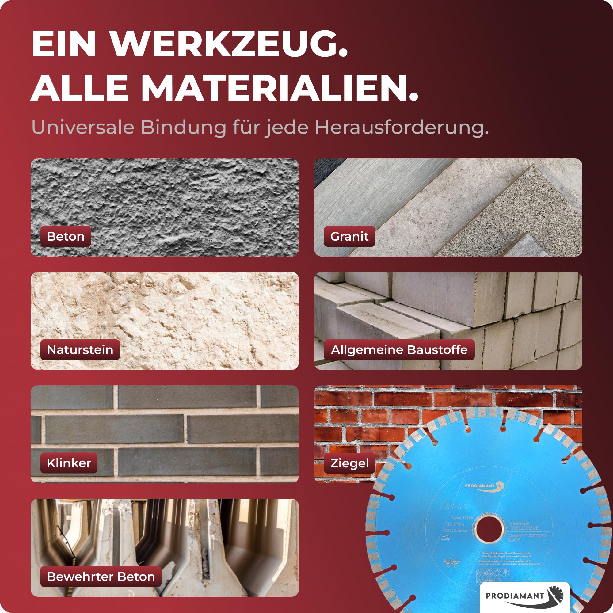 PRODIAMANT Laser Diamanttrennscheibe 250mm x 30 mit Ring 25,4mm Beton Stahlbeton Stein und Ziegel Diamant Turbo-Segmente lasergeschweißt