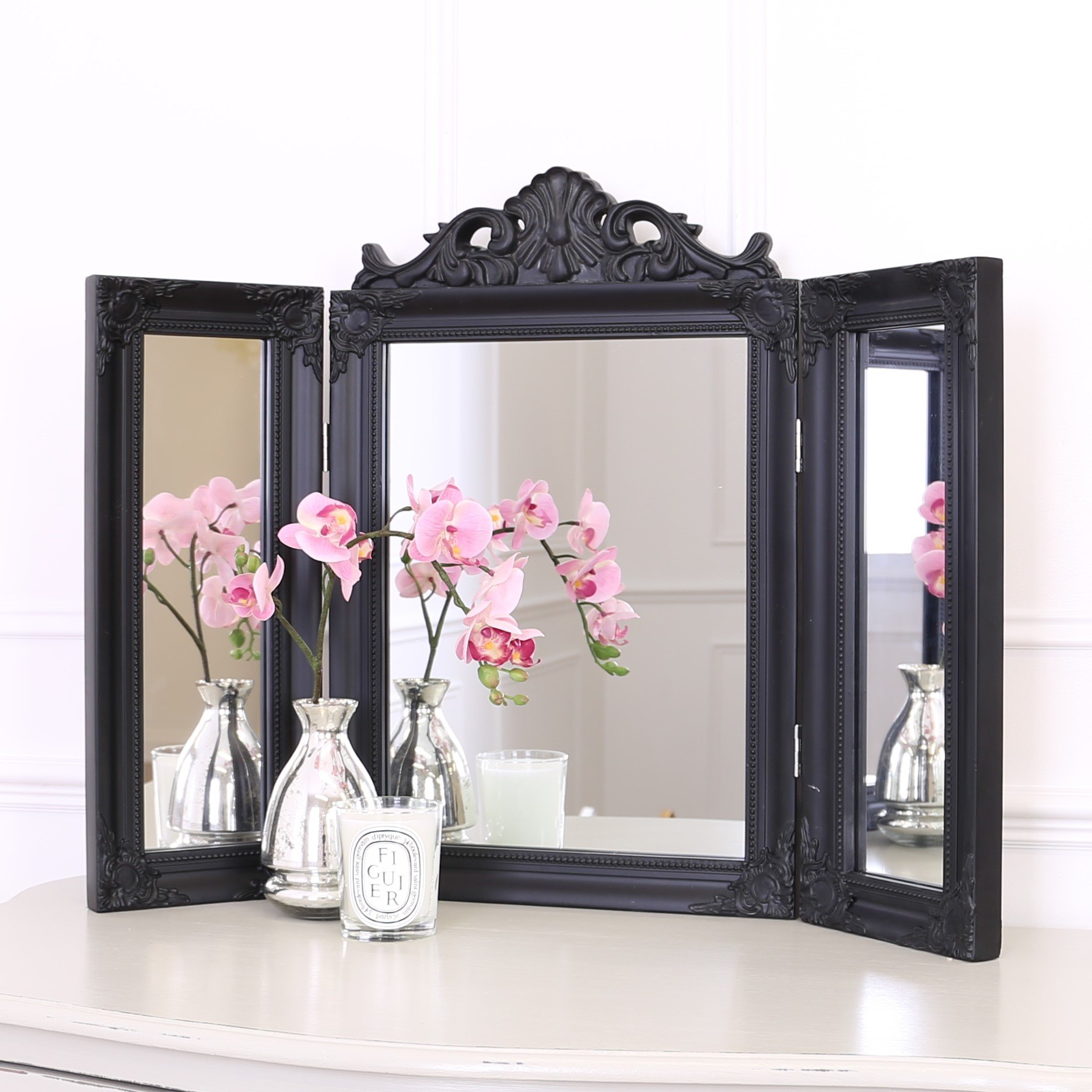 Espejos selectos Espejo de tocador Plegable Triple Ella - Adornado, Estilo Shabby Chic, Negro Mate, 74 cm x 54 cm