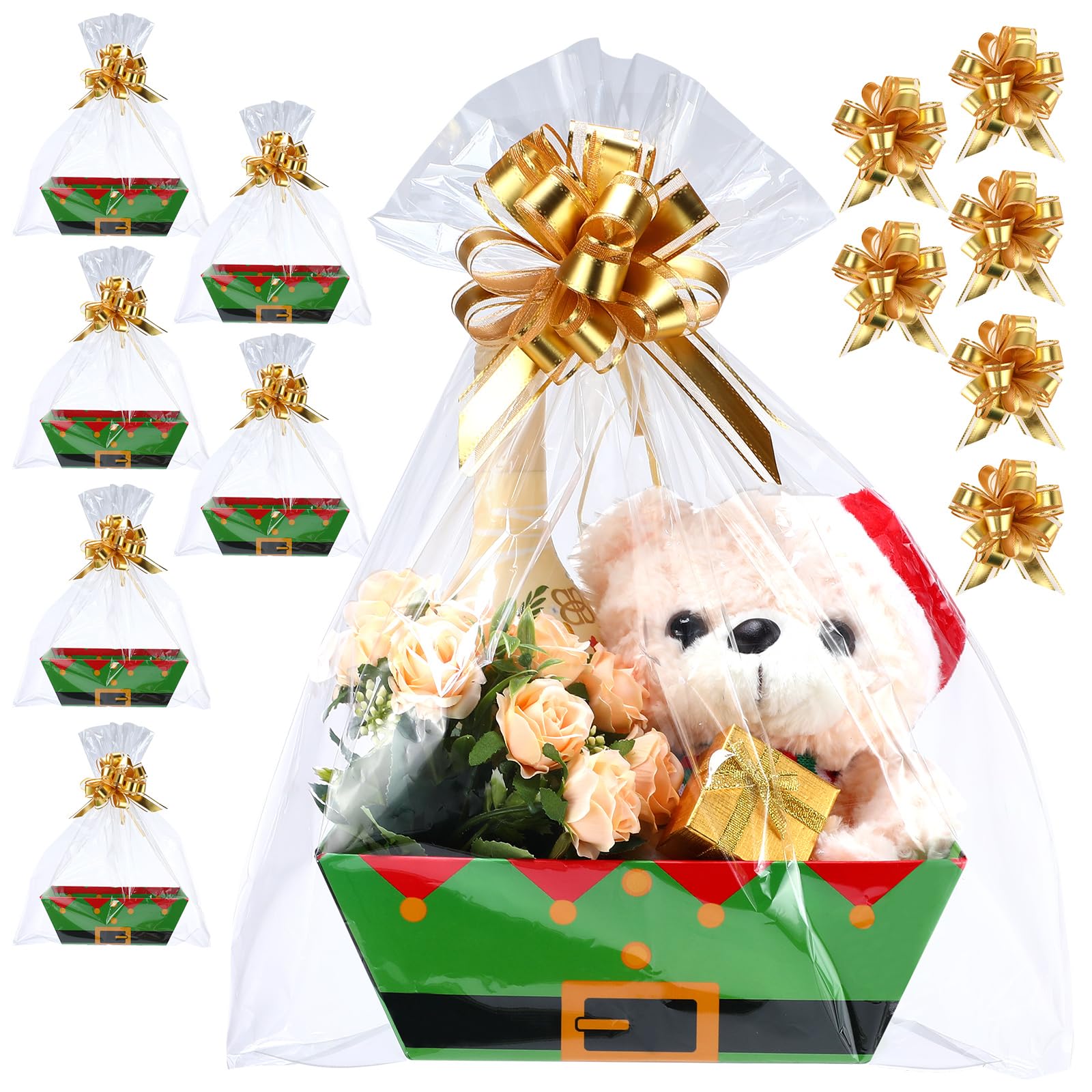 Tioncy 22 cestas de regalo de Navidad vacías, incluye 6 cestas vacías de cartón, 6 bolsas de regalo transparentes, 10 unidades de lazo dorado para vacaciones, cumpleaños, Navidad, etc