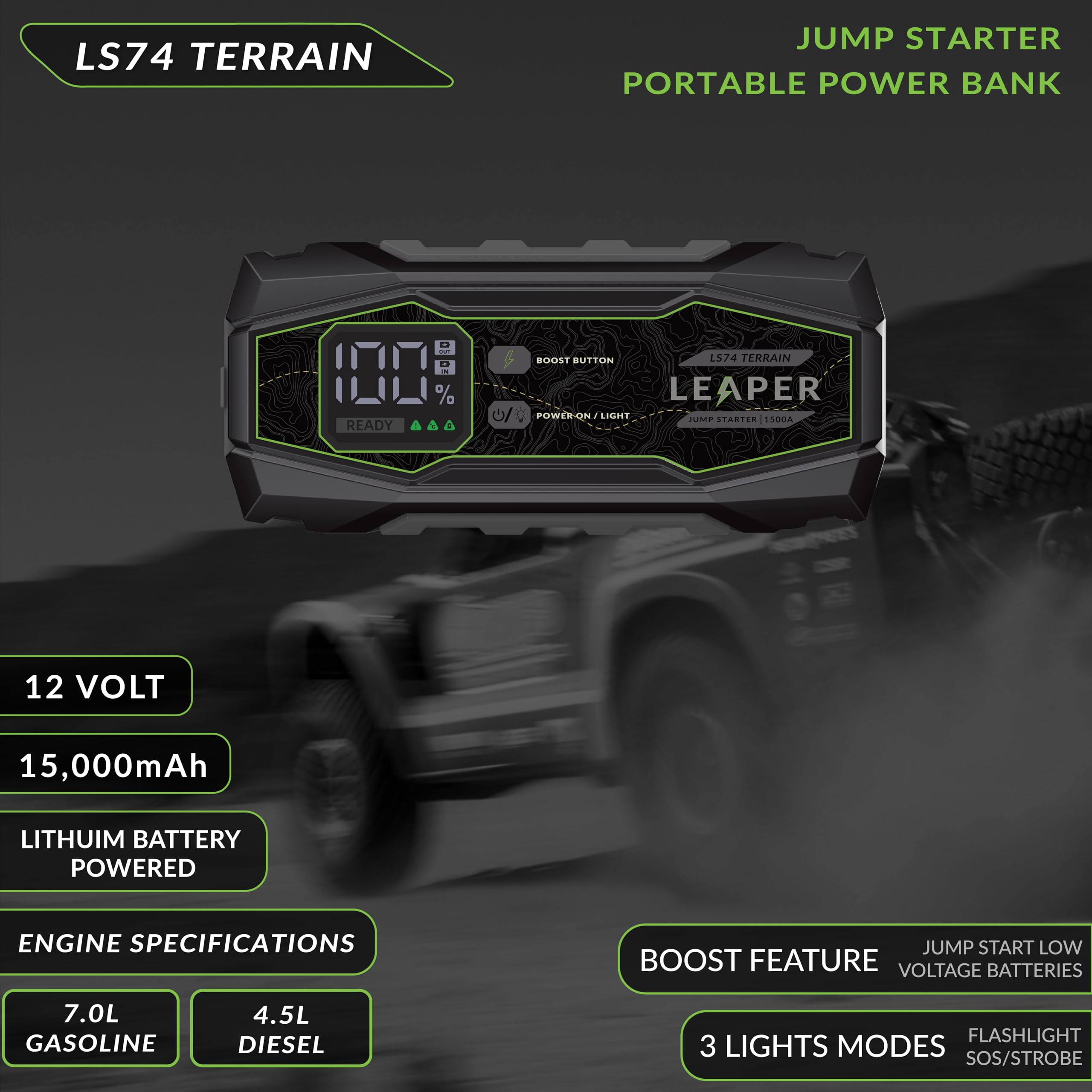 Leaper Arrancador de salto de 12 V, negro, corriente máxima de 1500 A, capacidad de 16000 mAh, pantalla digital de 2.3 pulgadas, abrazaderas negras y rojas resistentes, funda de transporte incluida
