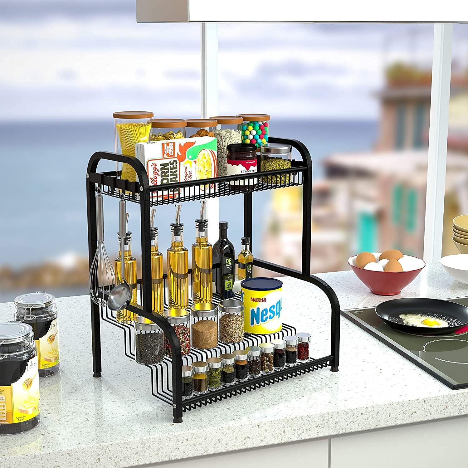 Oyydecor Spice Rack ,Spice Rack Organizer for Countertop 2 Tier Kitchen Spice Rack Spice Organizer Standing Rack Shelf Storage Racks Kitchen Rack for Spice Can Sauce with 8 Hooks