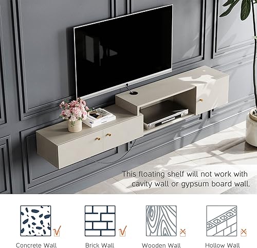 Miniatura 8 de WAMPAT Soporte de TV flotante con estación de carga, centro de entretenimiento montado en la pared con luz amarilla con almacenamiento, centro de