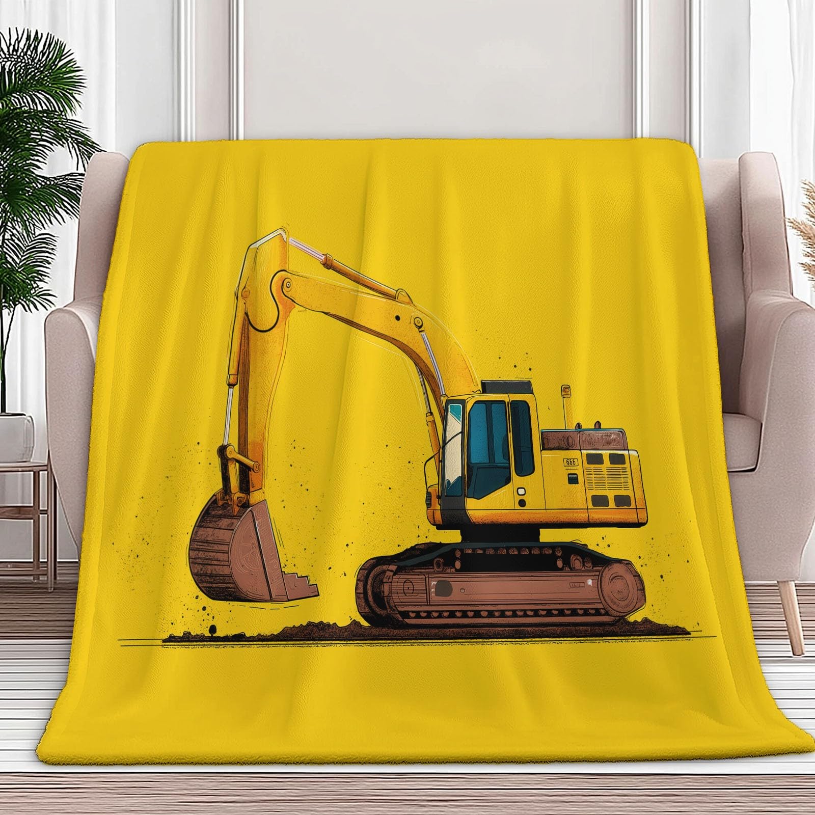Generico Koc w kratę z polaru koparka z kreskówek 220 x 240 cm miękka i przytulna flanelowa narzuta z polaru z nadrukiem 3D, narzuta na sofę, na łóżko, sofę, dla dzieci i dorosłych