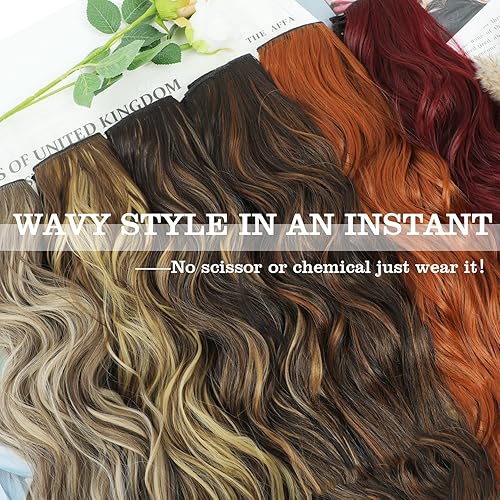 Miniatura 6 de LANYI Extensiones de cabello con clip, 4 extensiones de cabello castaño para mujer de cabeza completa, 20 pulgadas de largo, ondulado, fibra gruesa,