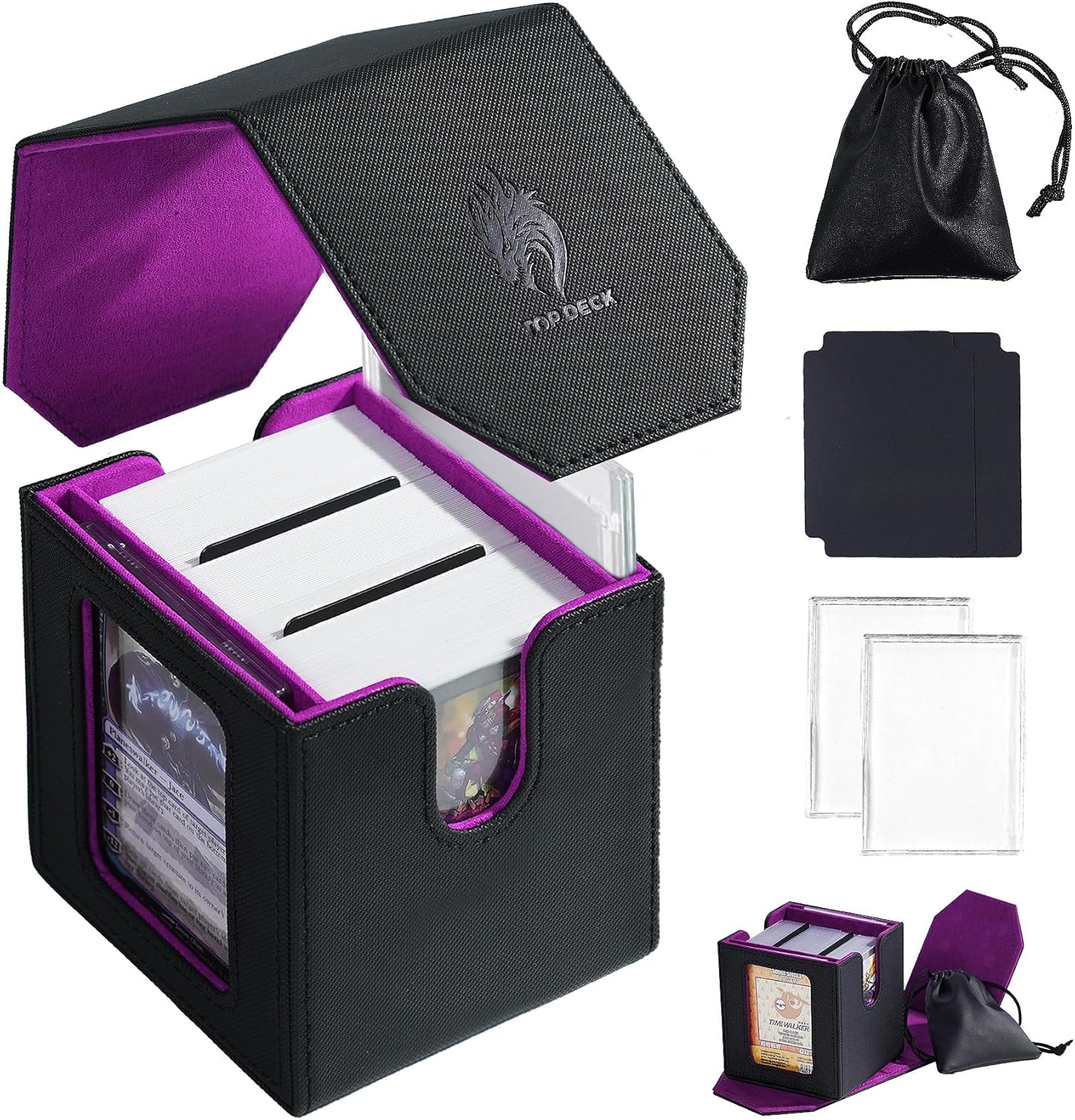 Commander Dual Display Deck Box — Patented Design Holds 130 Double-Sleeved/100 Triple-Sleeved Cards, Includes 2 Thick Card Bricks & 2 Dividers, Leather Multi-Function Storage Case (Dragon)