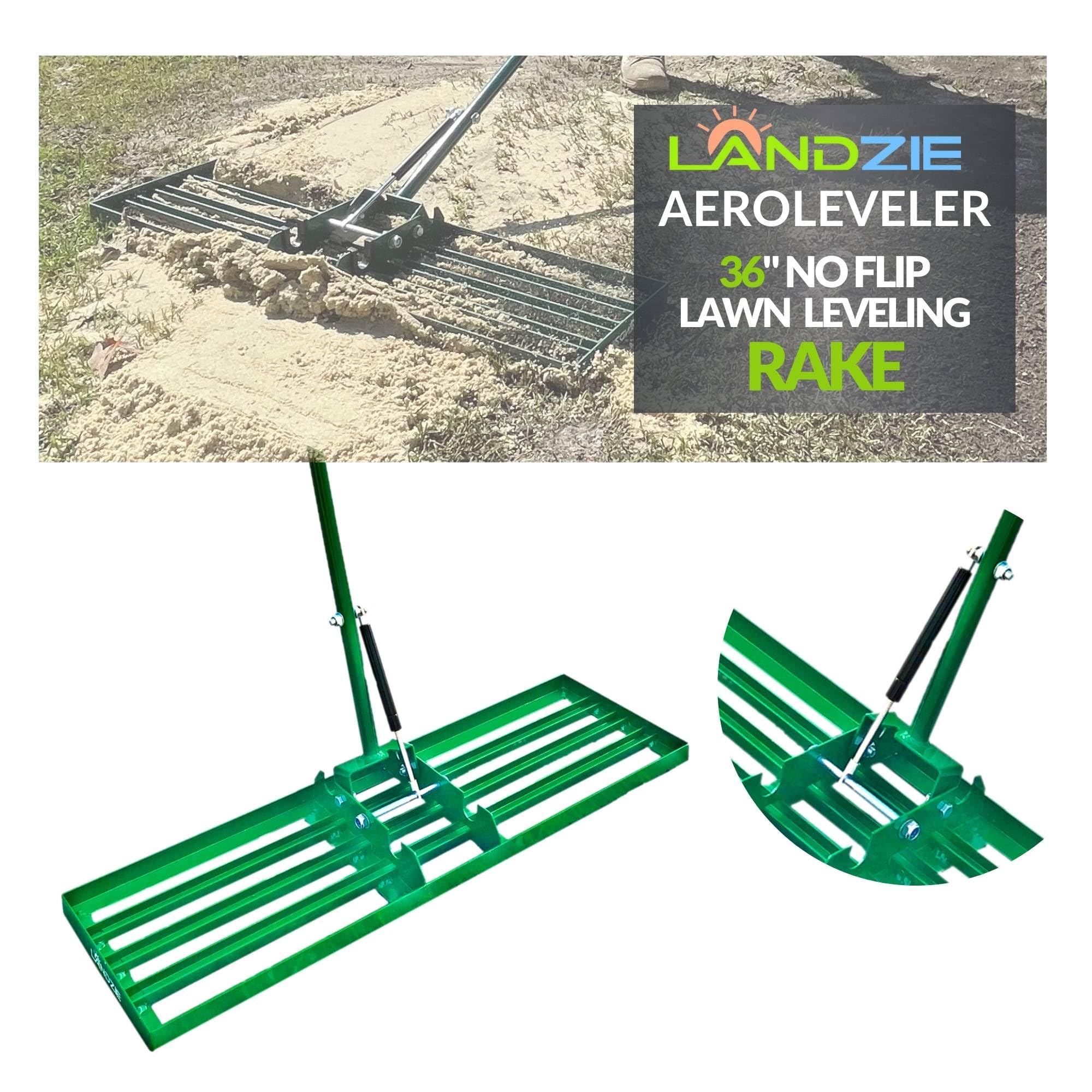 Landzie AeroLeveler - The Lawn Leveling Rake That Never Flips - Patented 36 inch Wide Pneumatic Lawn Level for Yard, Dirt, Soil, Sand, Provides Stability and Control Without Flipping Over