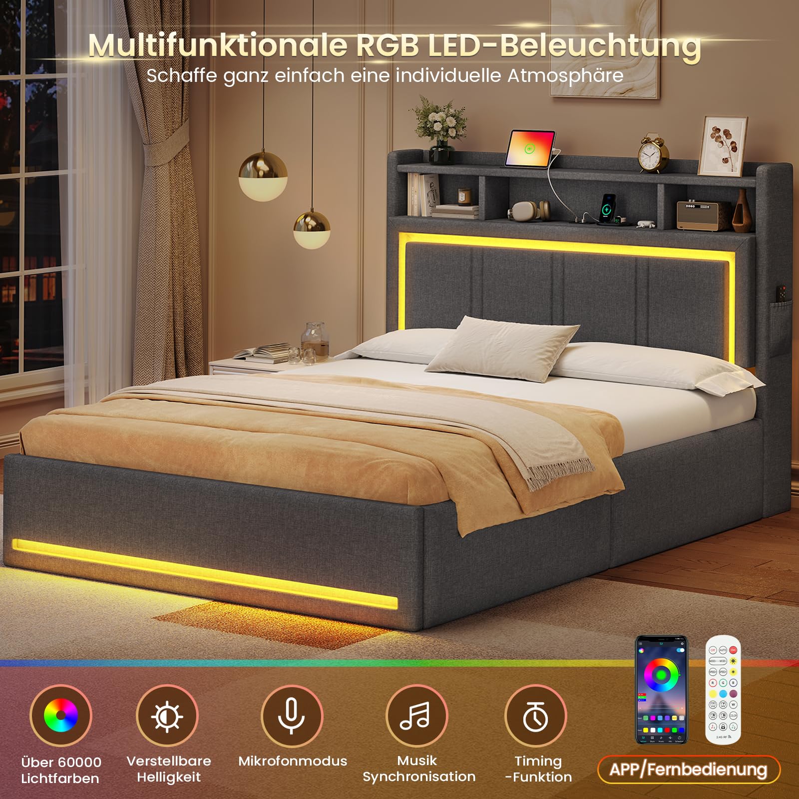 AOGLLATI Bett 140x190 Dunkelgrau mit LED Beleuchtung, USB & Hydrauliksystem | Polsterbett mit Bettkasten, Kopfteil Stauraum, Stauraum 30cm, inkl, Lattenrost,Doppelbett für Erwachsene,Leinen (No Matratze）