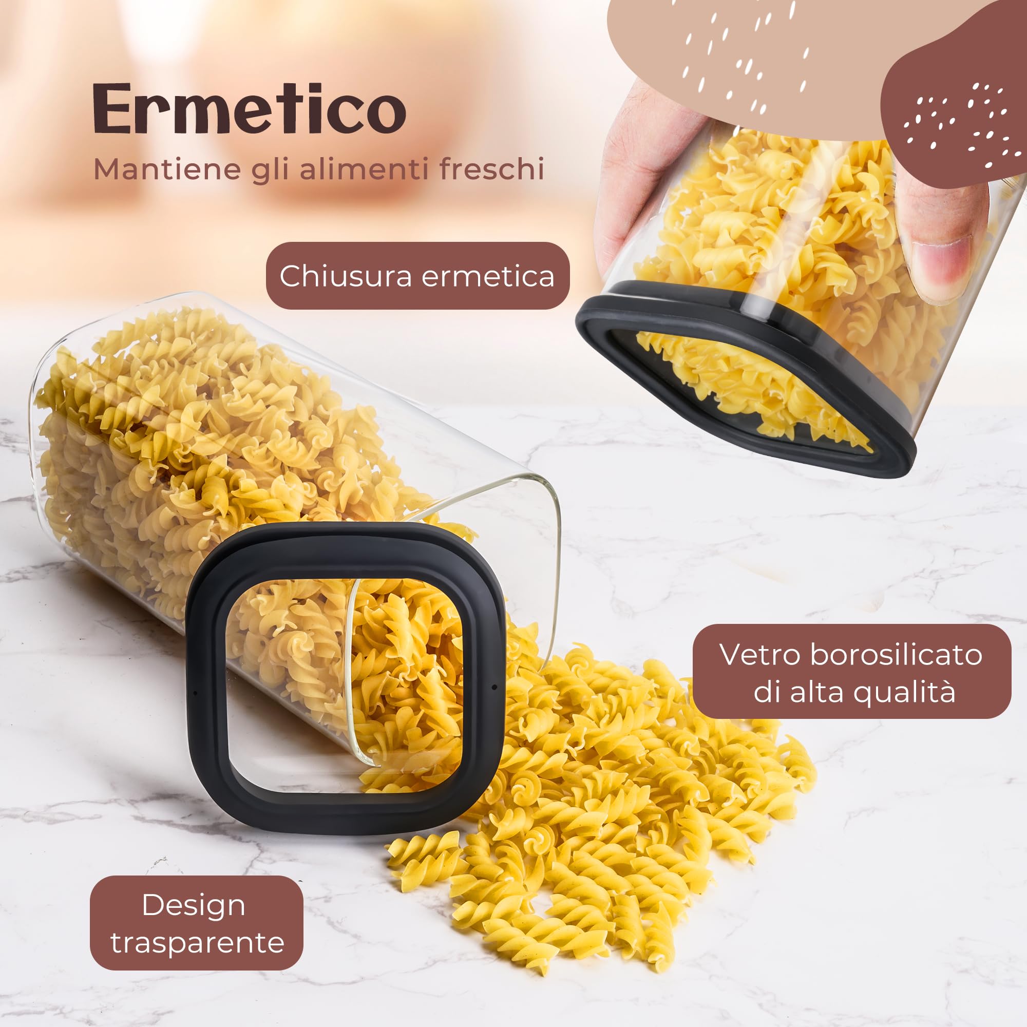 Barattoli in Vetro Ermetici con Coperchio (3 x 600 ml, 3 x 1050 ml) – Contenitori Cucina in Vetro Borosilicato con Coperchio Nero | Barattoli Dispensa per Farina, Riso, Muesli, Pasta