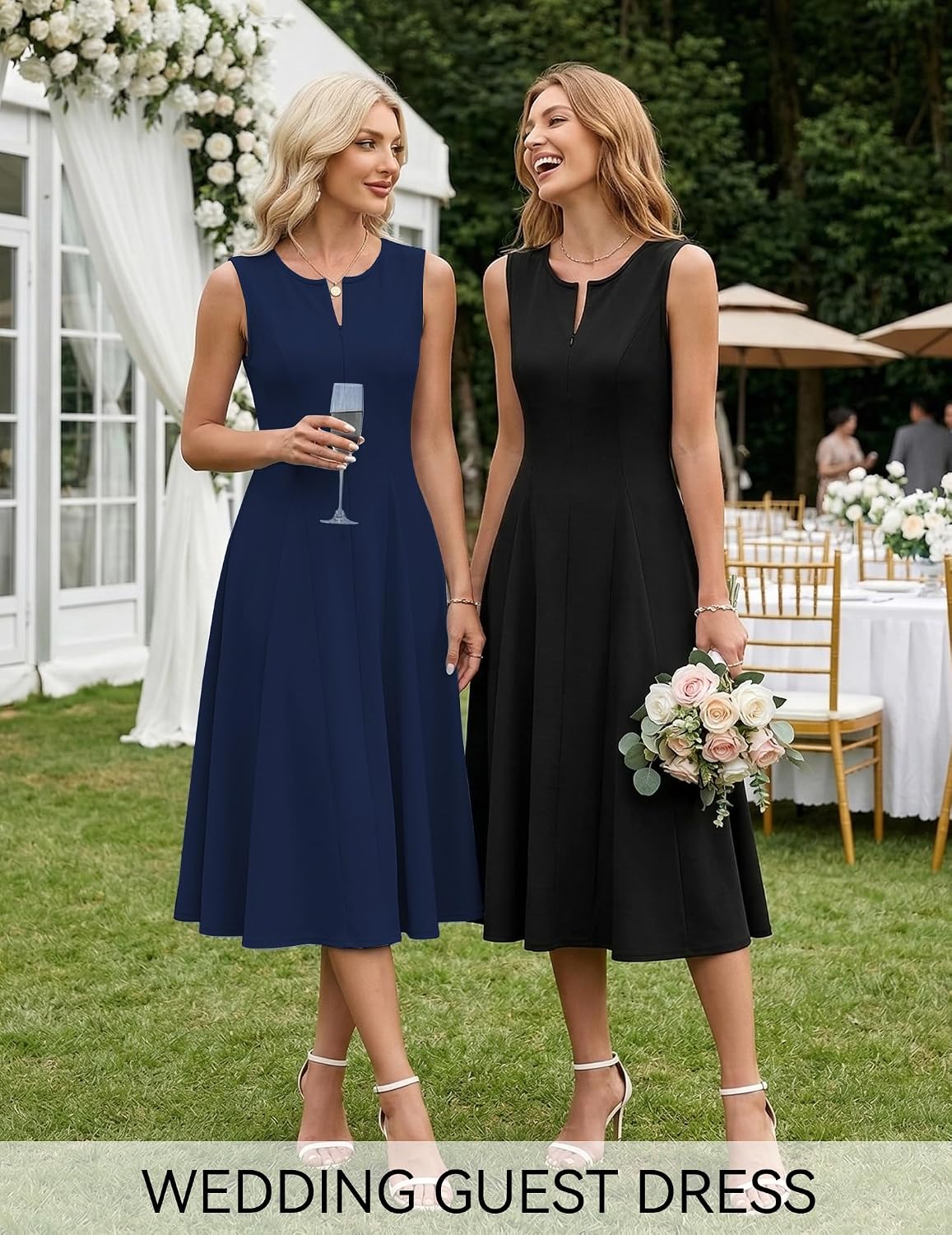 Womens Summer Sleeveless Midi Dress A Line Flowy Zip Up V Neck Semi Formal Modest Dress