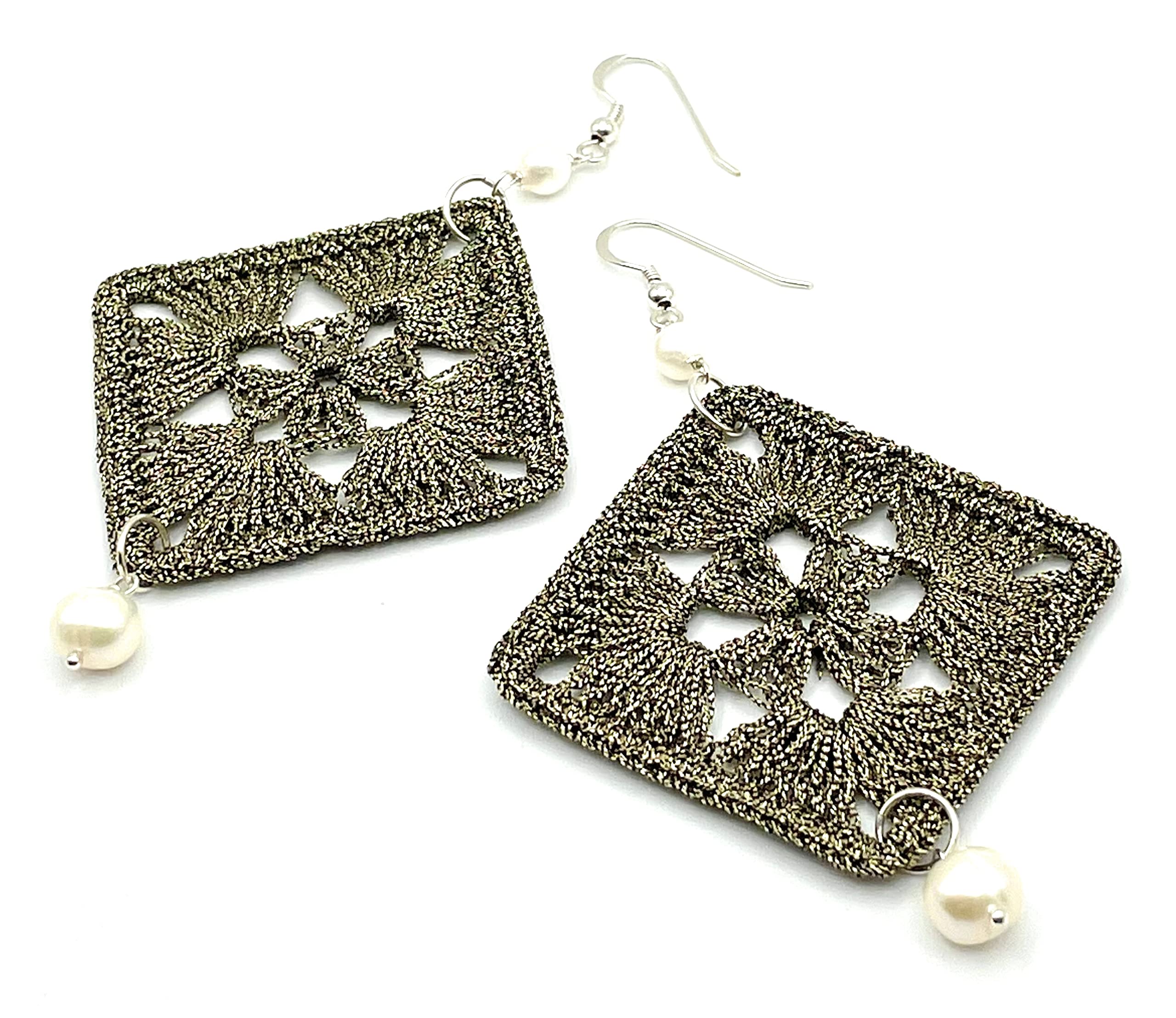 Orecchini Grandi all'Uncinetto e Perle Bianche, Pendenti in Argento 925, Gioielli Artigianali, Bijoux