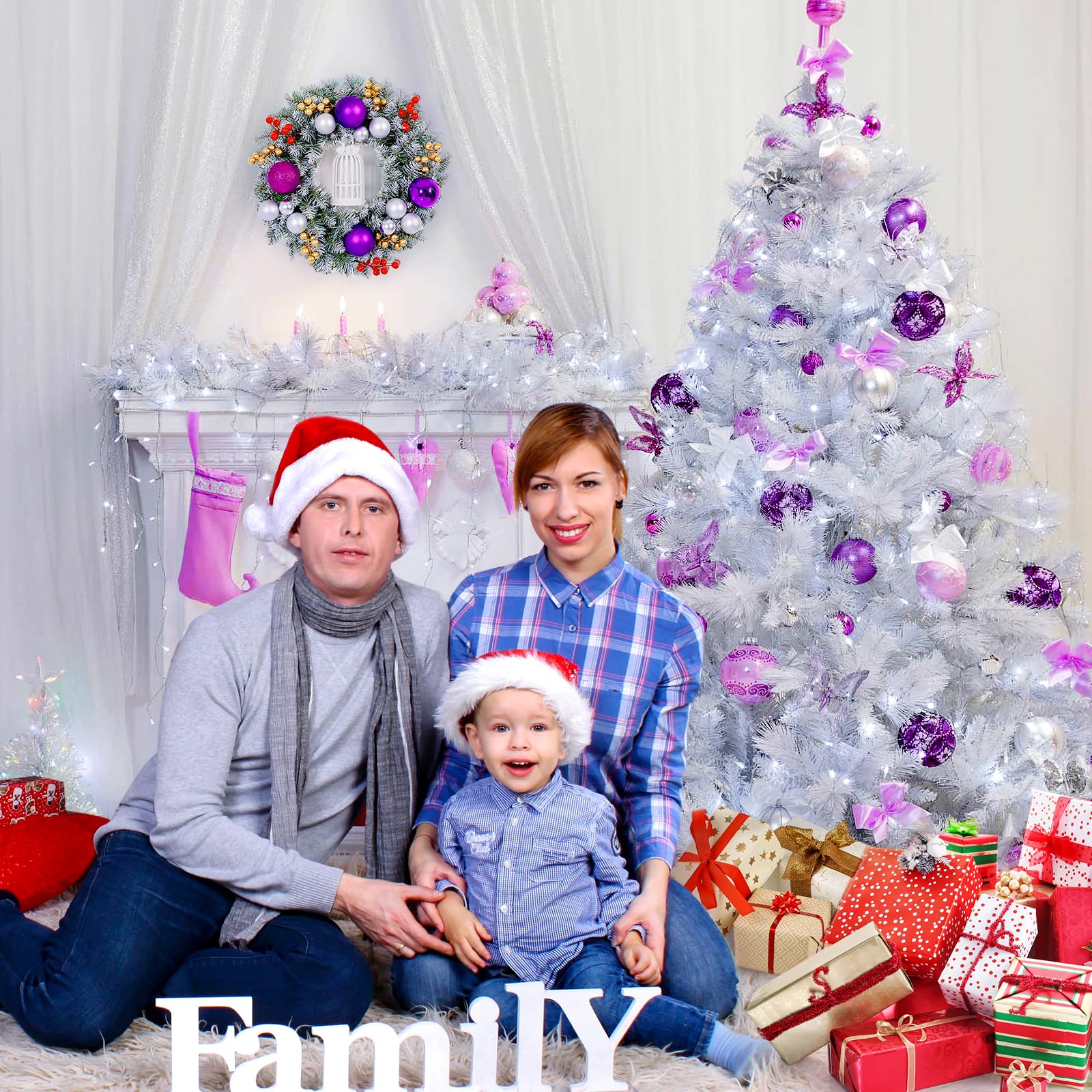 Minicoco 30CM Christmas Wreaths with Bow- Artificial Xmas Garland for Front Door, Purple - Image 2